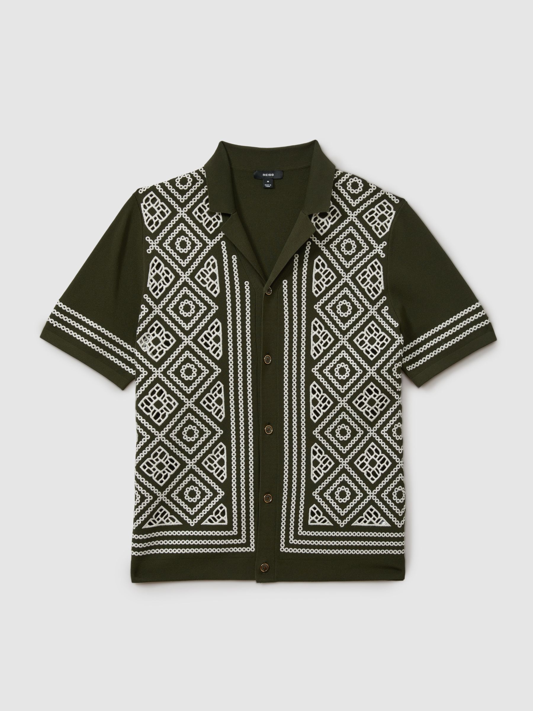 Contrast Embroidered Cuban Collar Shirt in Khaki Green/Off White - Image 2 of 5