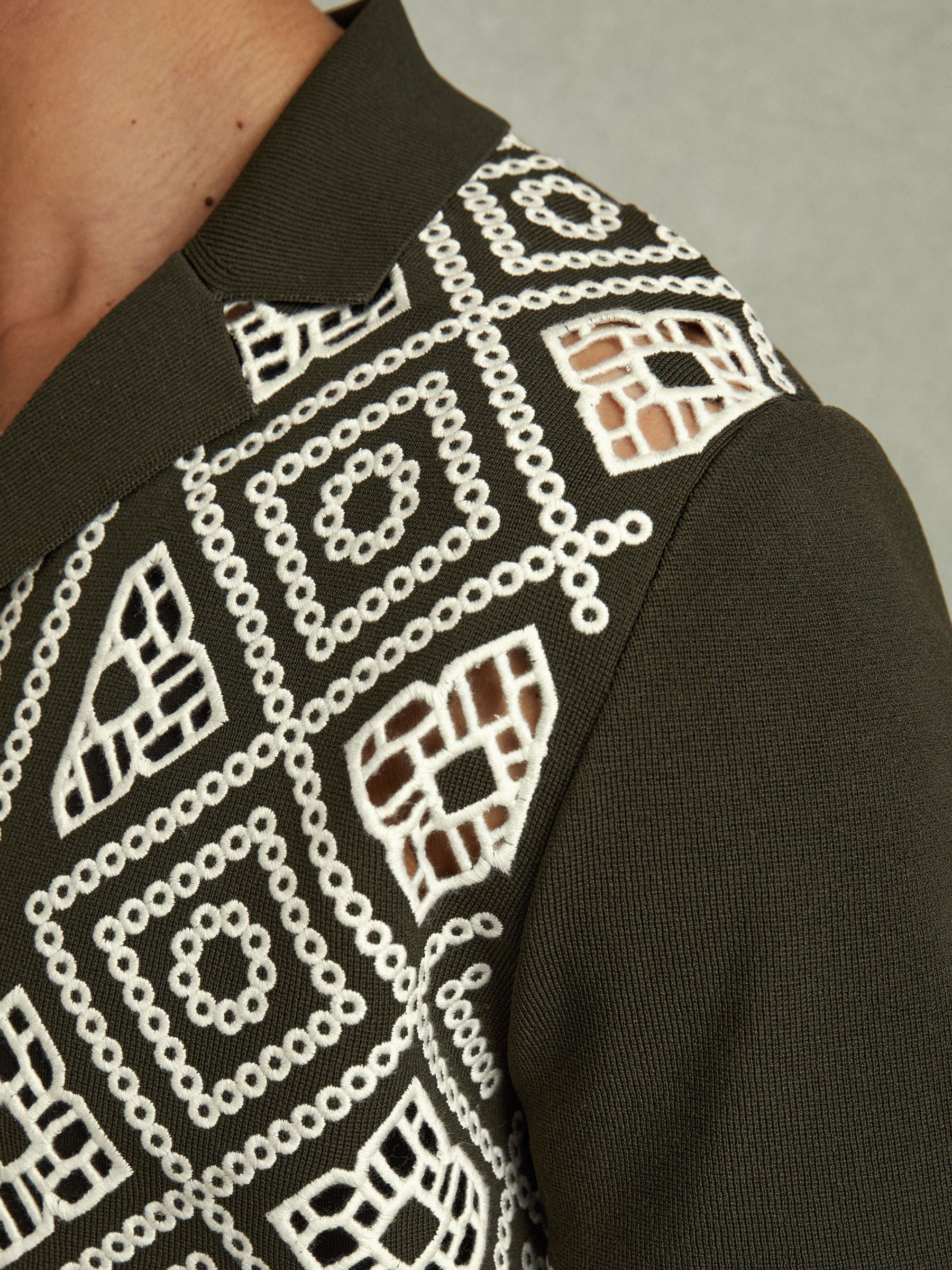 Contrast Embroidered Cuban Collar Shirt in Khaki Green/Off White - Image 3 of 5