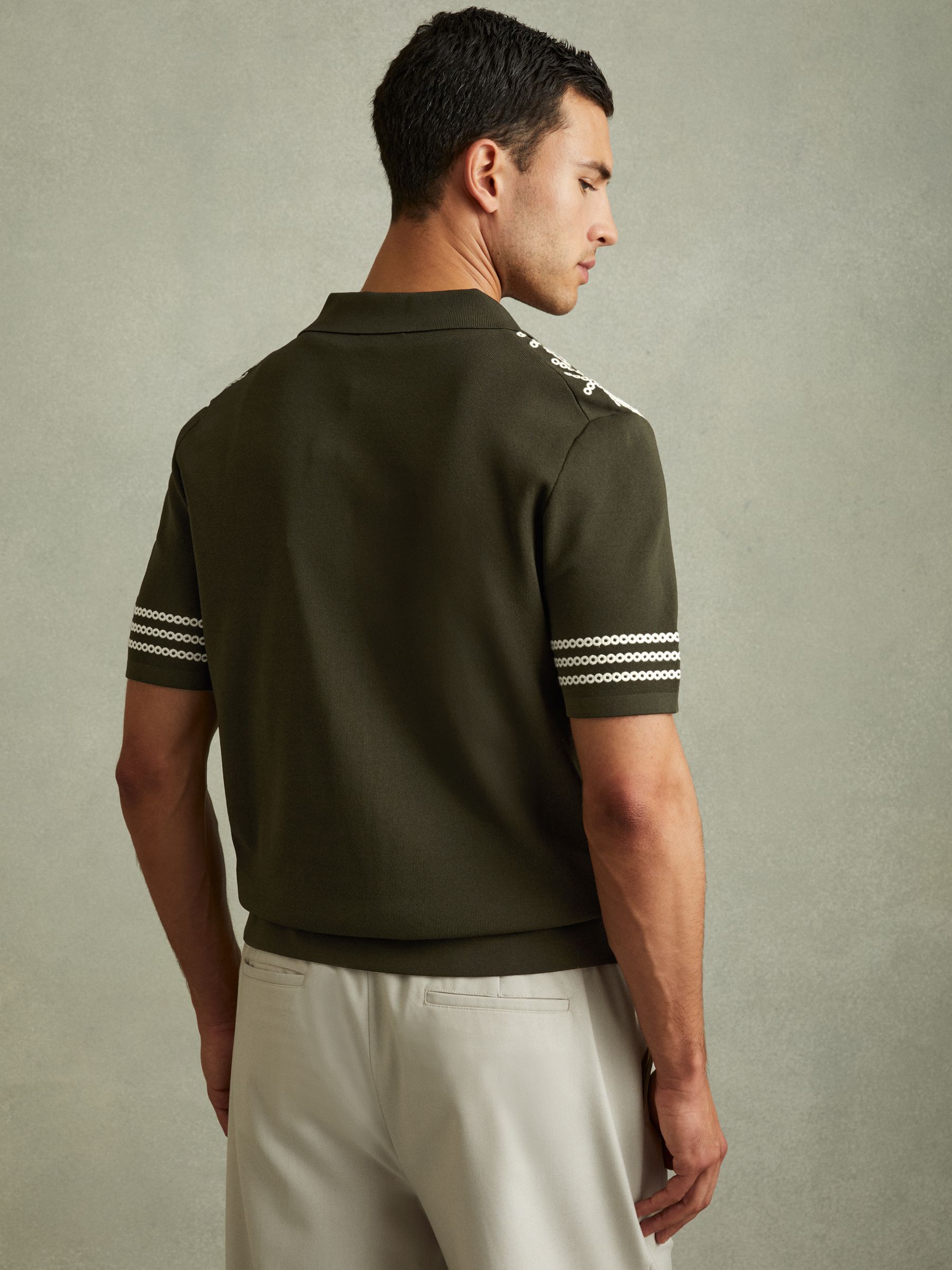 Contrast Embroidered Cuban Collar Shirt in Khaki Green/Off White - Image 4 of 5