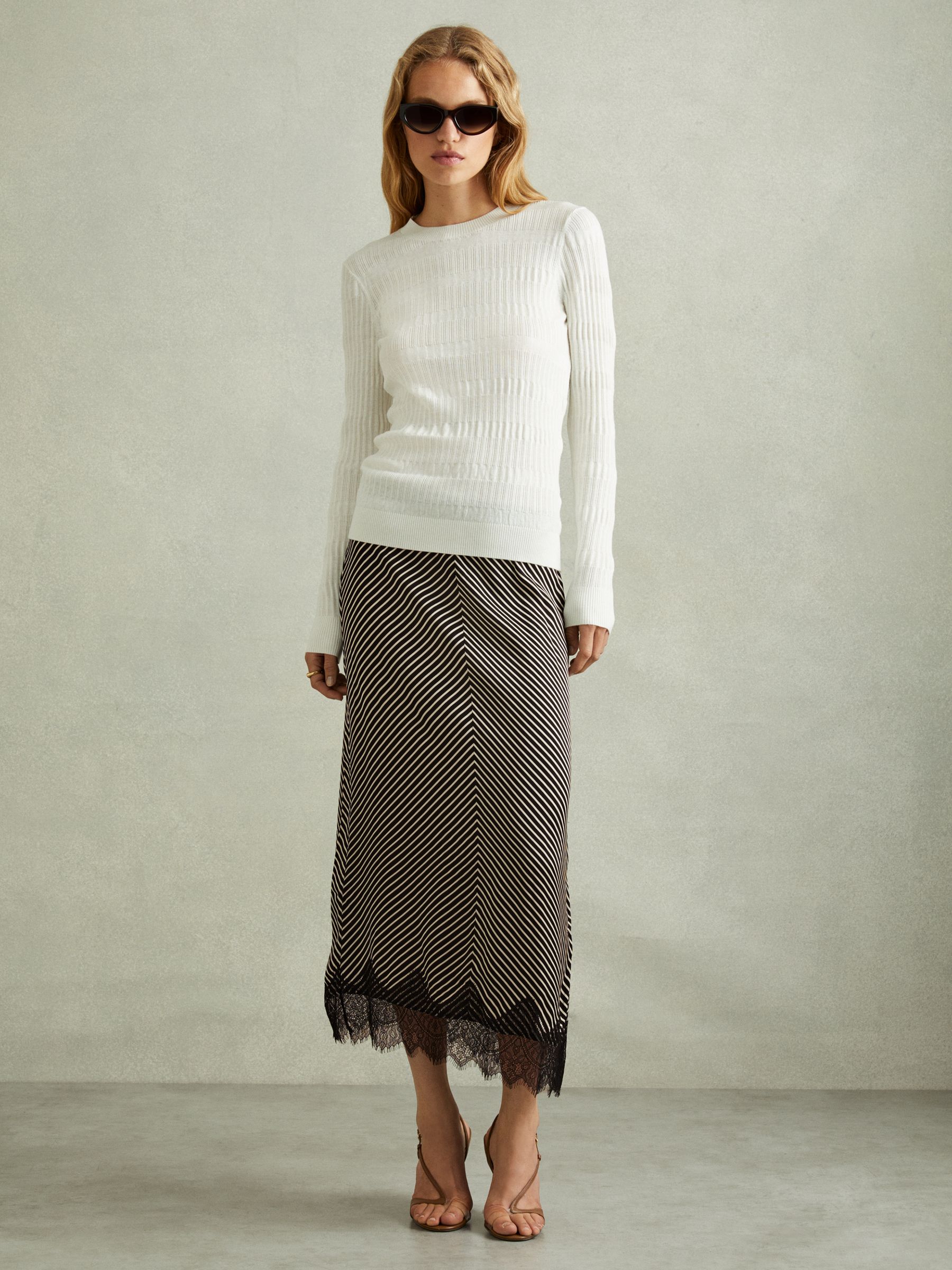 Ivy Black/Ivory Striped Lace Trim Midi Skirt - Image 1 of 5