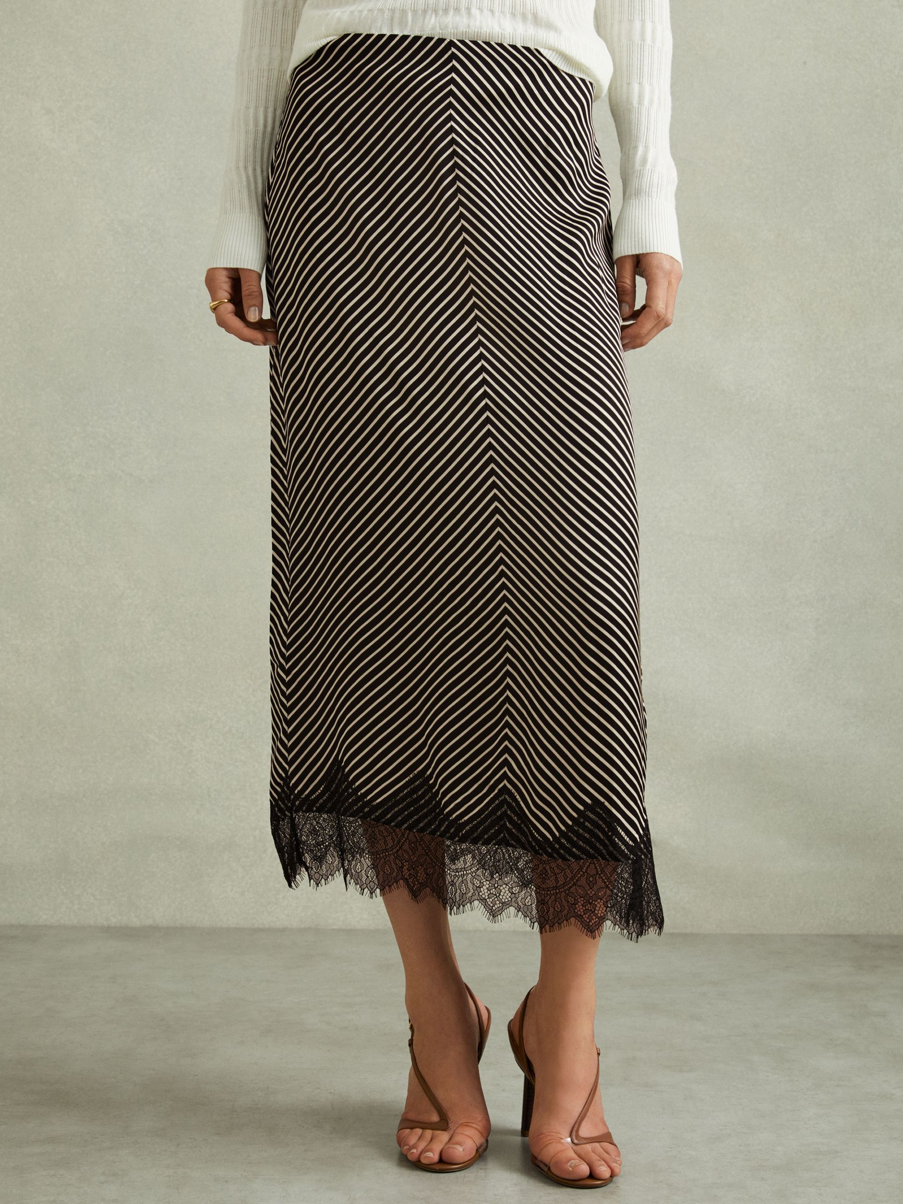 Ivy Black/Ivory Striped Lace Trim Midi Skirt - Image 3 of 5