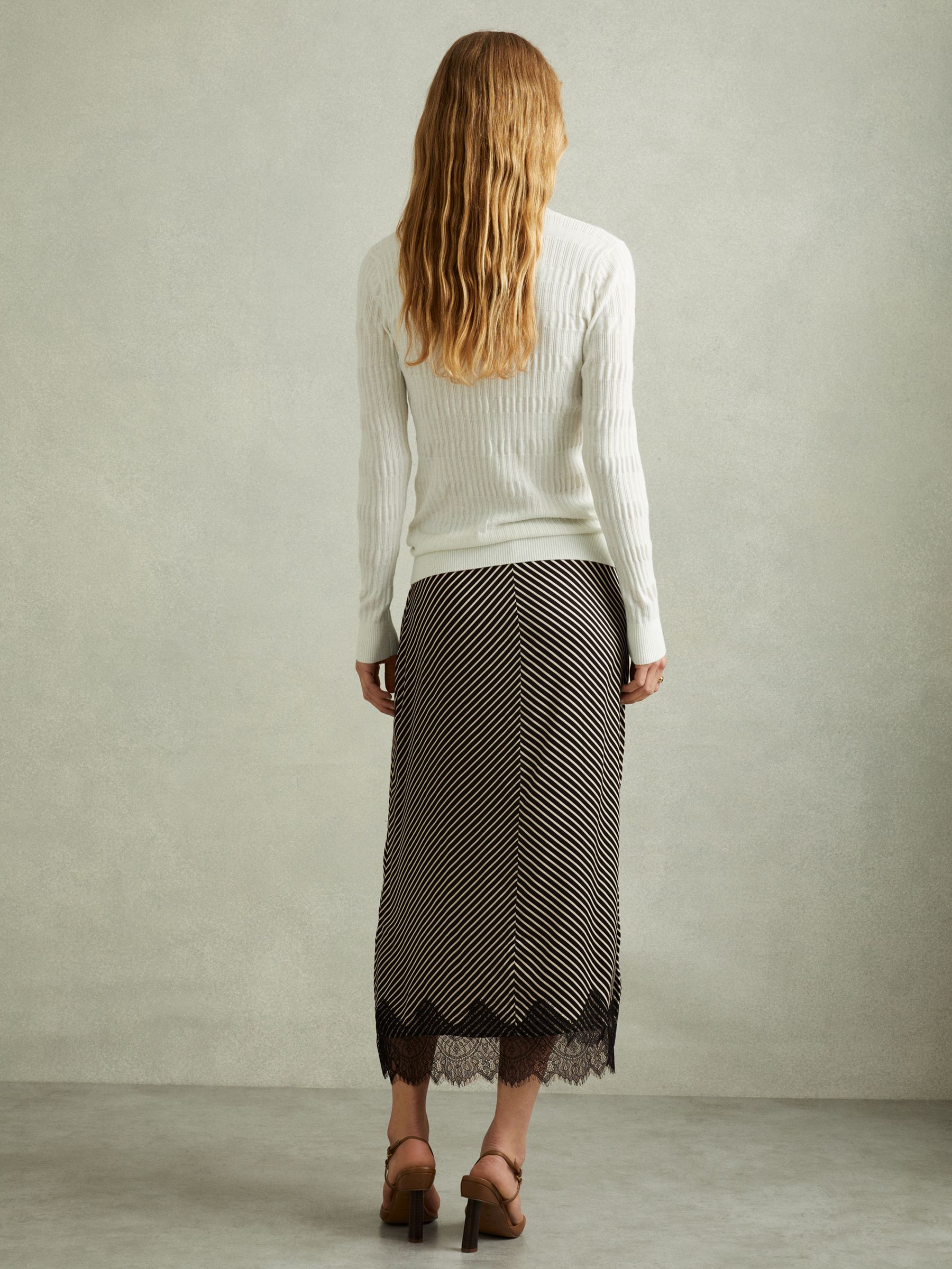 Ivy Black/Ivory Striped Lace Trim Midi Skirt - Image 4 of 5