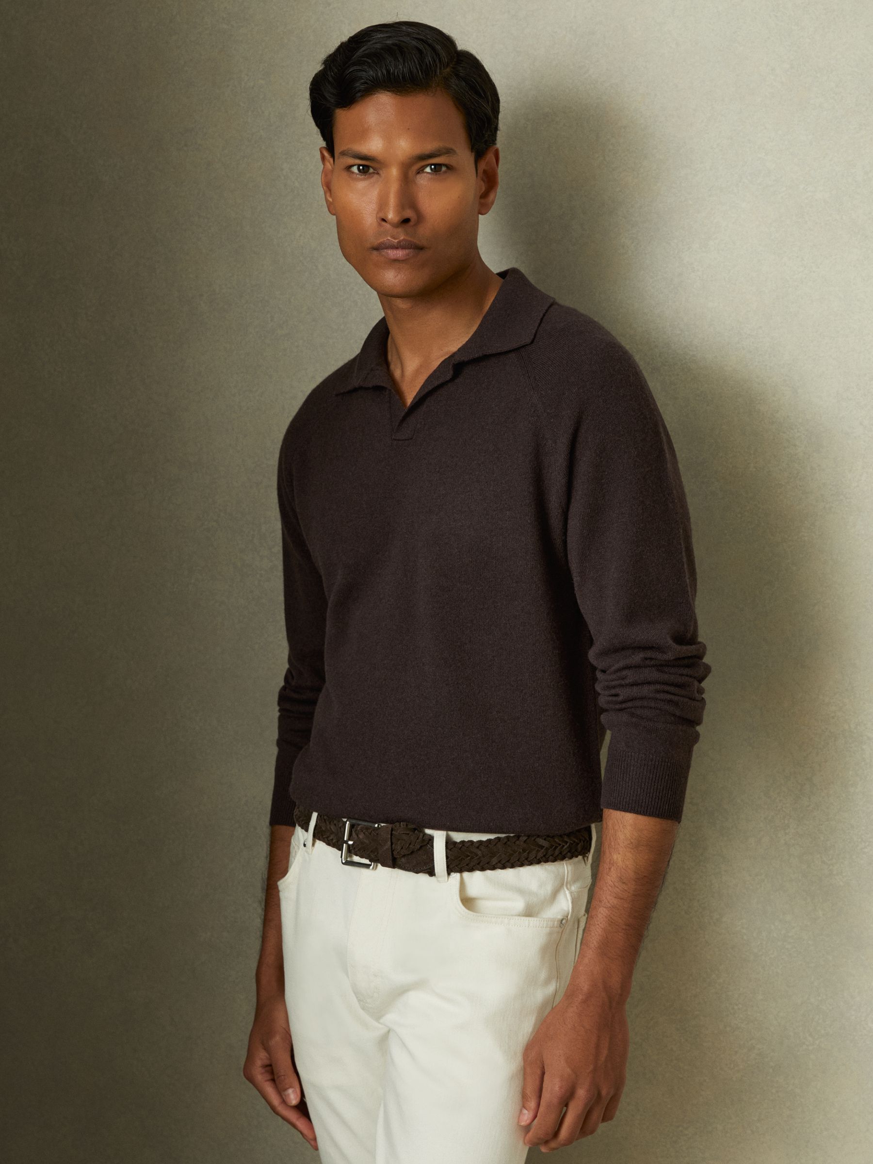 Wool-Cashmere Open-Collar Polo Shirt in Chocolate Brown - Image 1 of 6