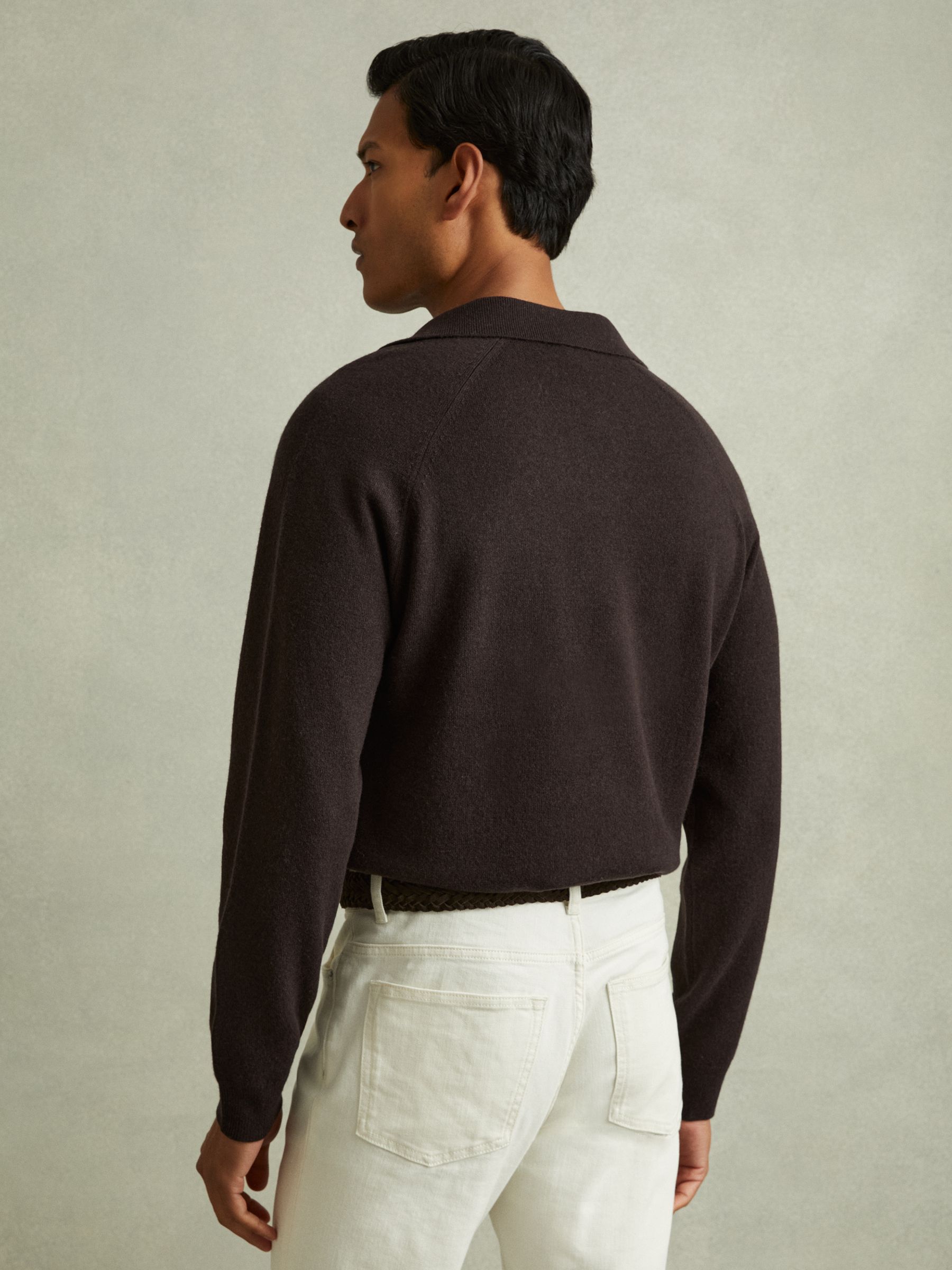 Wool-Cashmere Open-Collar Polo Shirt in Chocolate Brown - Image 4 of 6