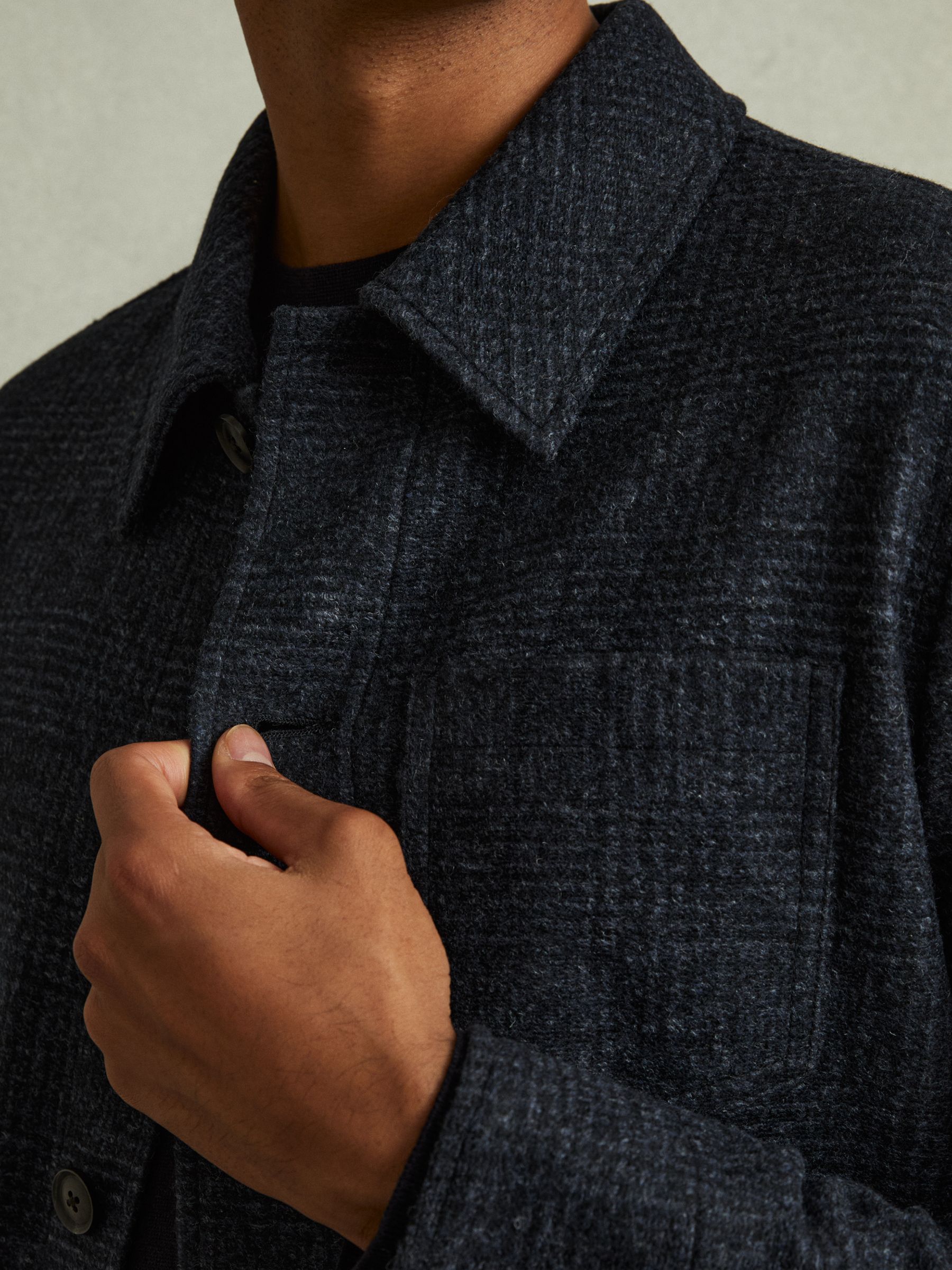 Checked Button Through Worker Jacket in Navy Melange - Image 3 of 5
