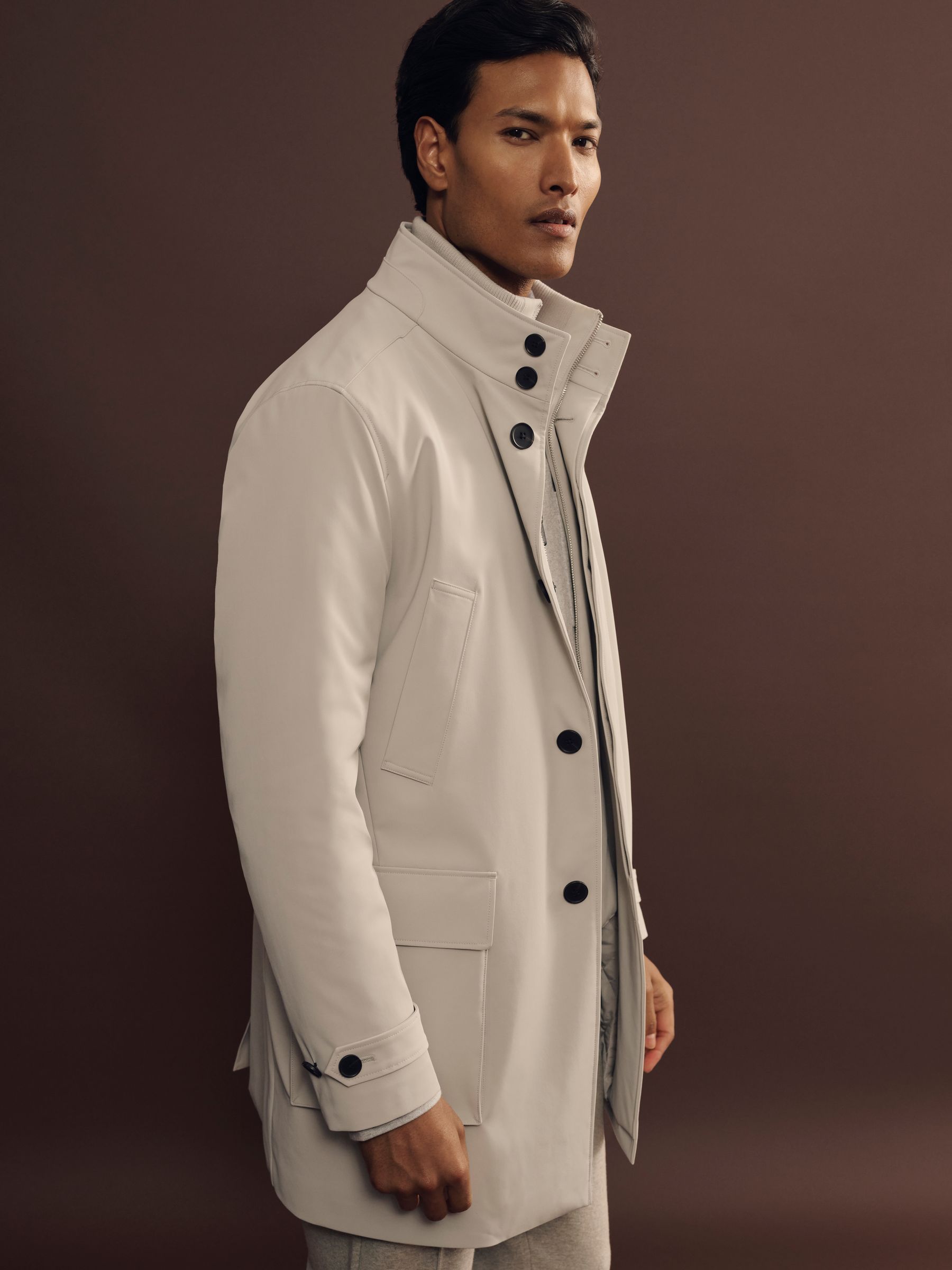 Hybrid Removable Funnel Neck Overcoat in Stone - Image 3 of 8