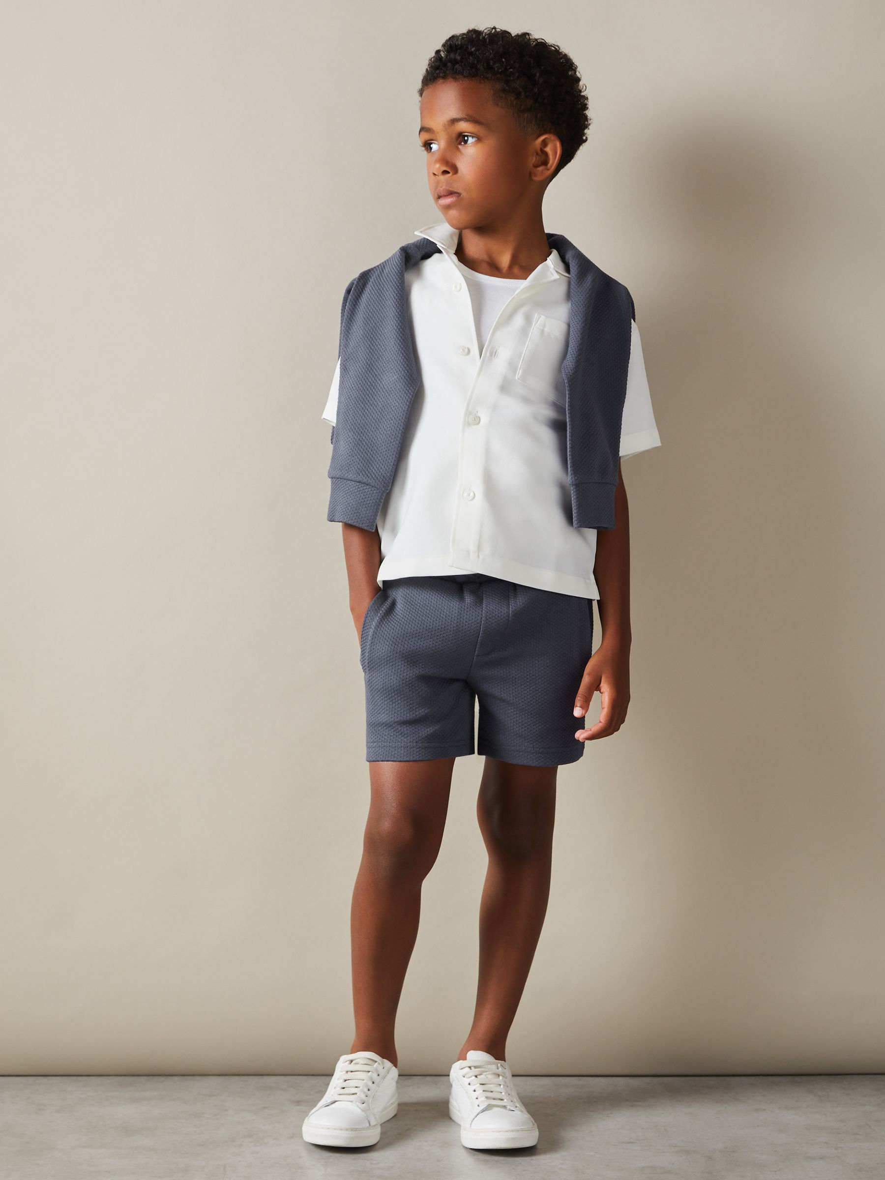 9-14 yrs Textured Drawstring Shorts in Steel Blue - Image 1 of 5