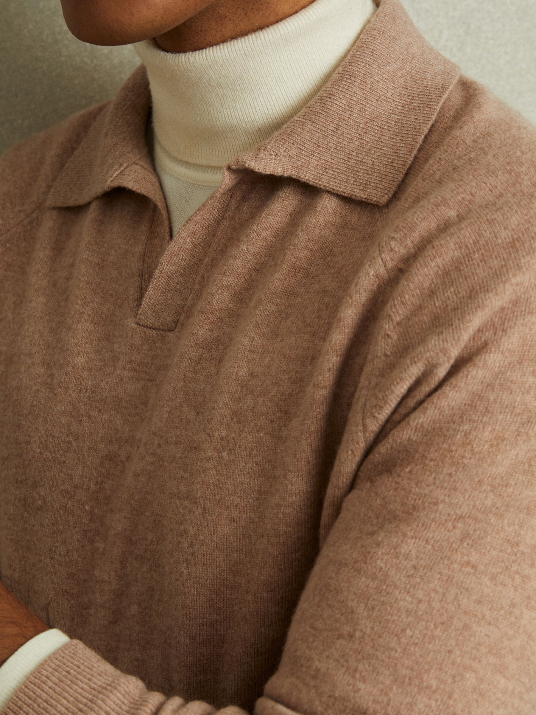 Reiss Wool-Cashmere Open-Collar Polo Shirt in Soft Camel | REISS