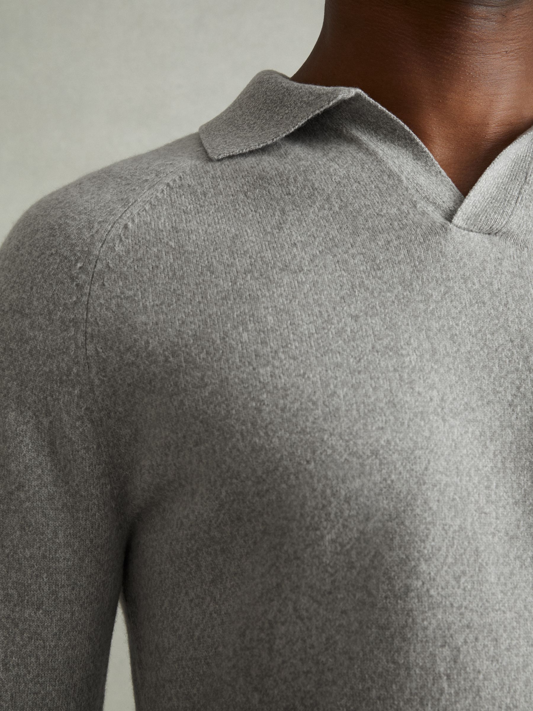 Wool-Cashmere Open-Collar Polo Shirt in Soft Grey Melange - Image 3 of 6