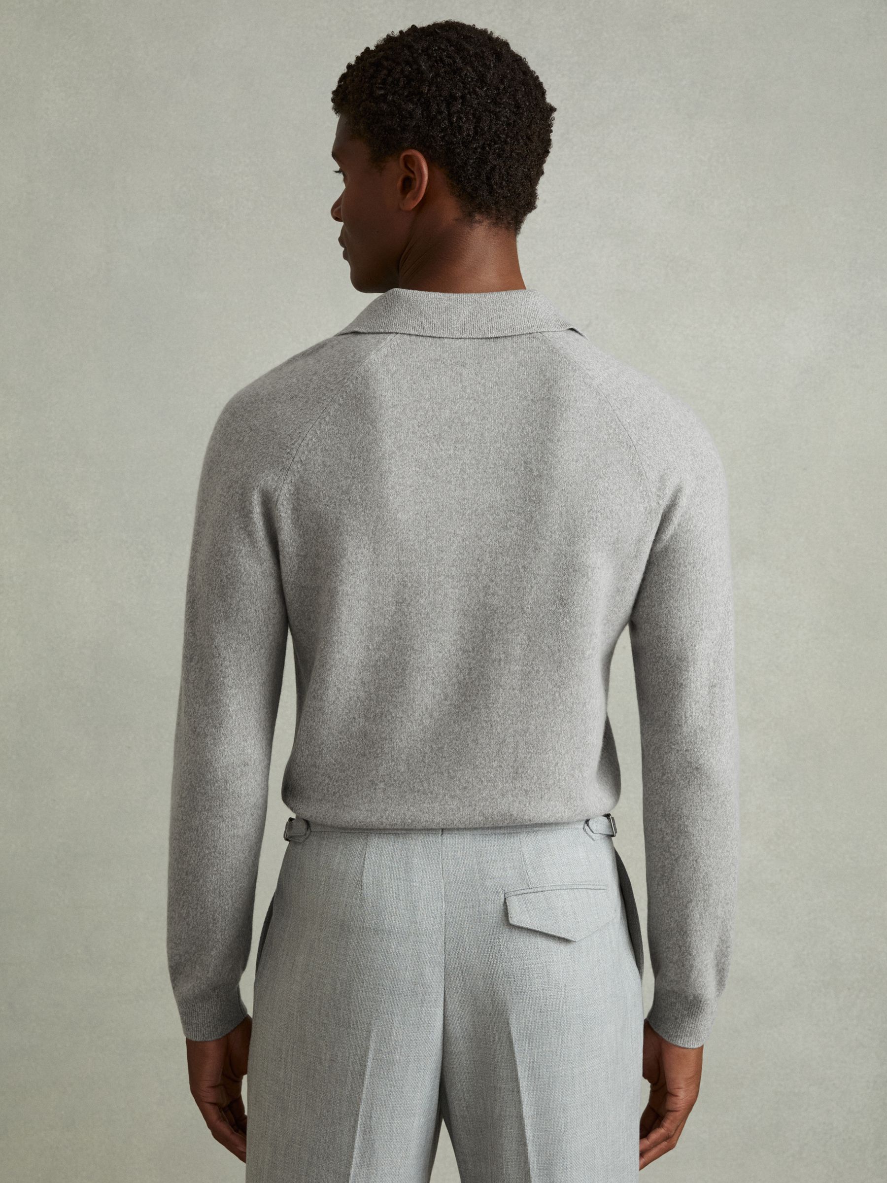 Wool-Cashmere Open-Collar Polo Shirt in Soft Grey Melange - Image 4 of 6