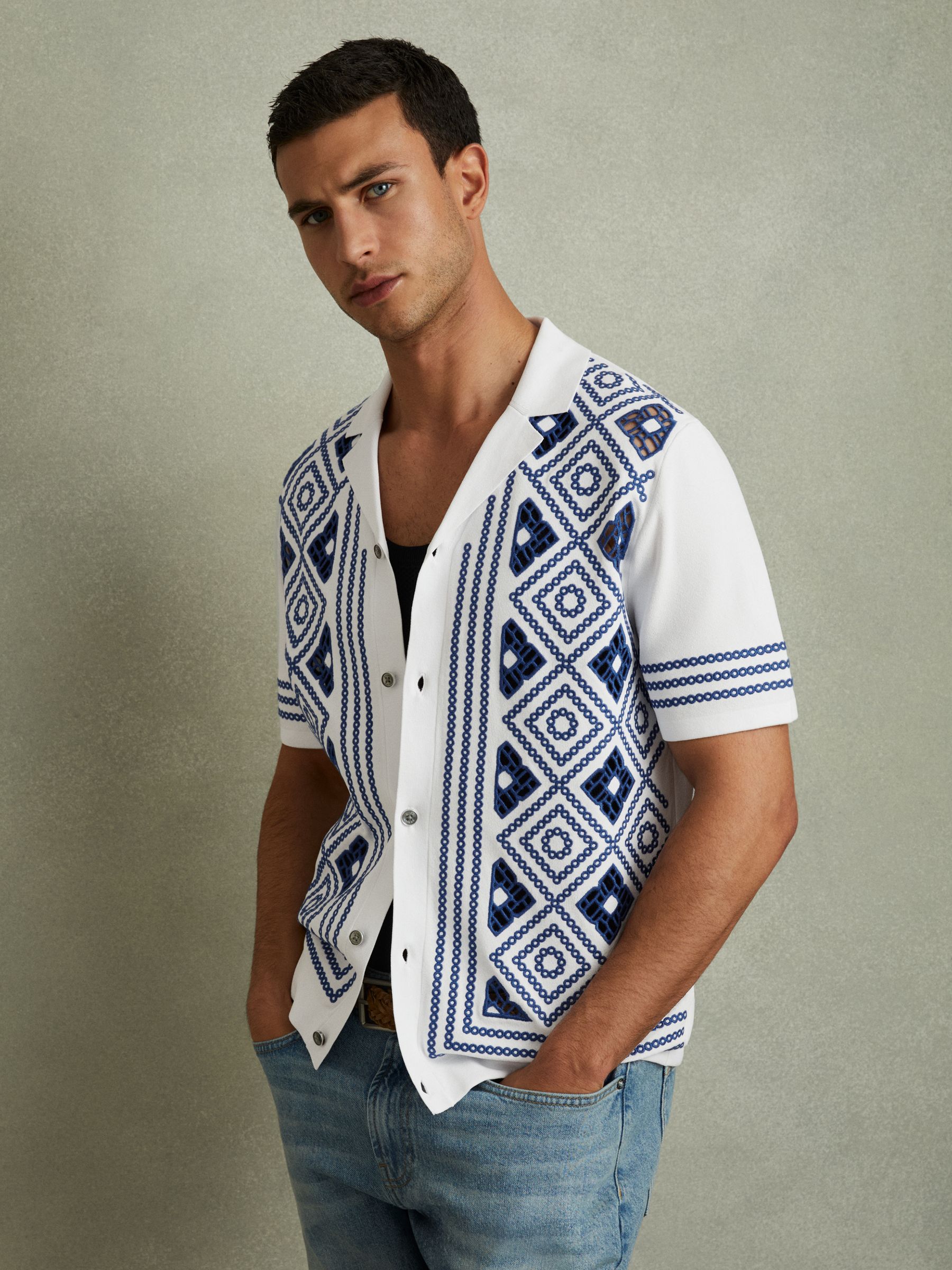 Contrast Embroidered Cuban Collar Shirt in White/Bright Blue - Image 1 of 5