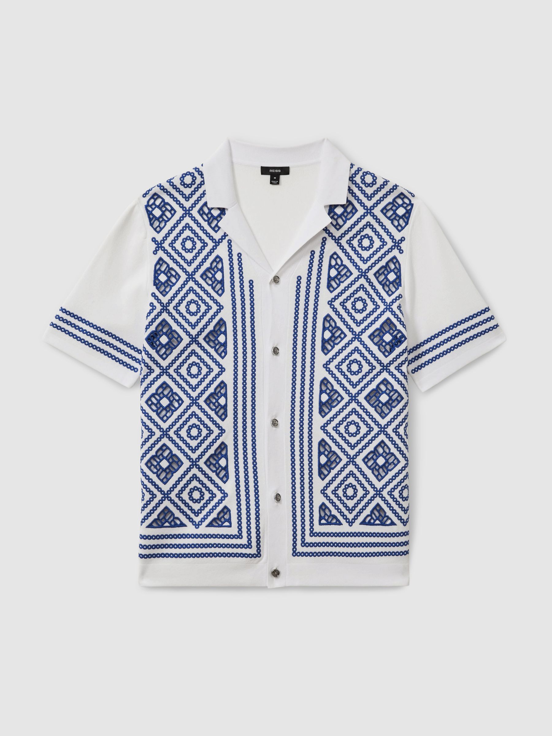 Contrast Embroidered Cuban Collar Shirt in White/Bright Blue - Image 2 of 5