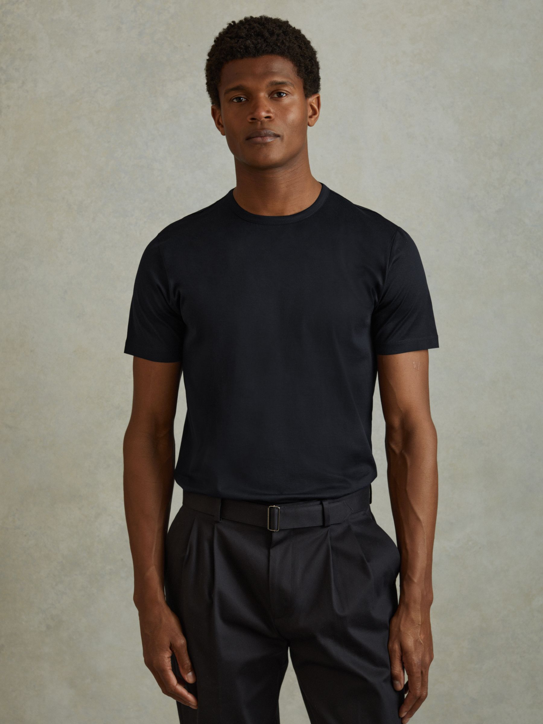 Mercerised Cotton Crew Neck T-Shirt in Navy - Image 1 of 6