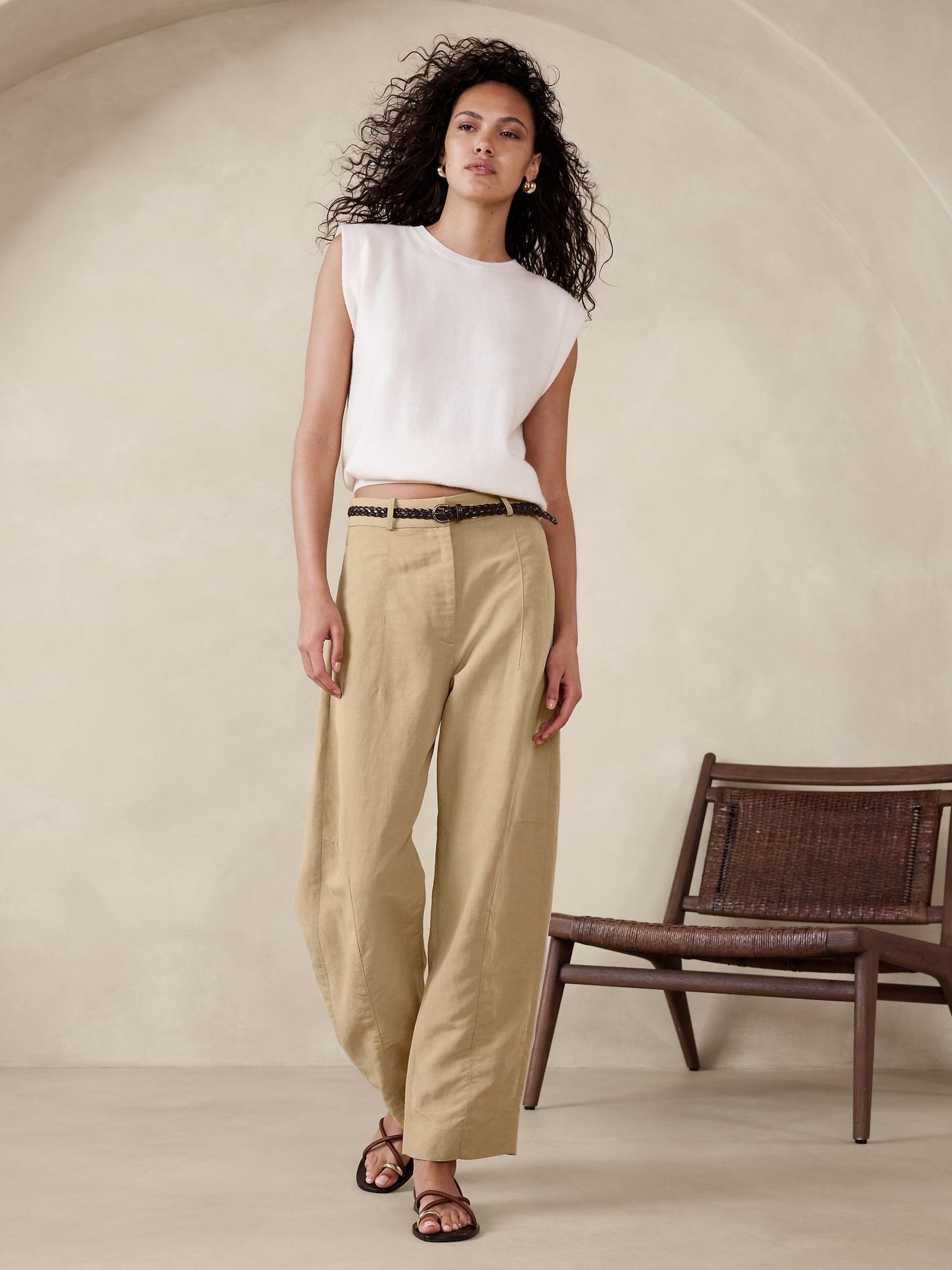 Banana Republic Neutral High Waisted Barrel Tencel Linen Trousers - Image 1 of 1