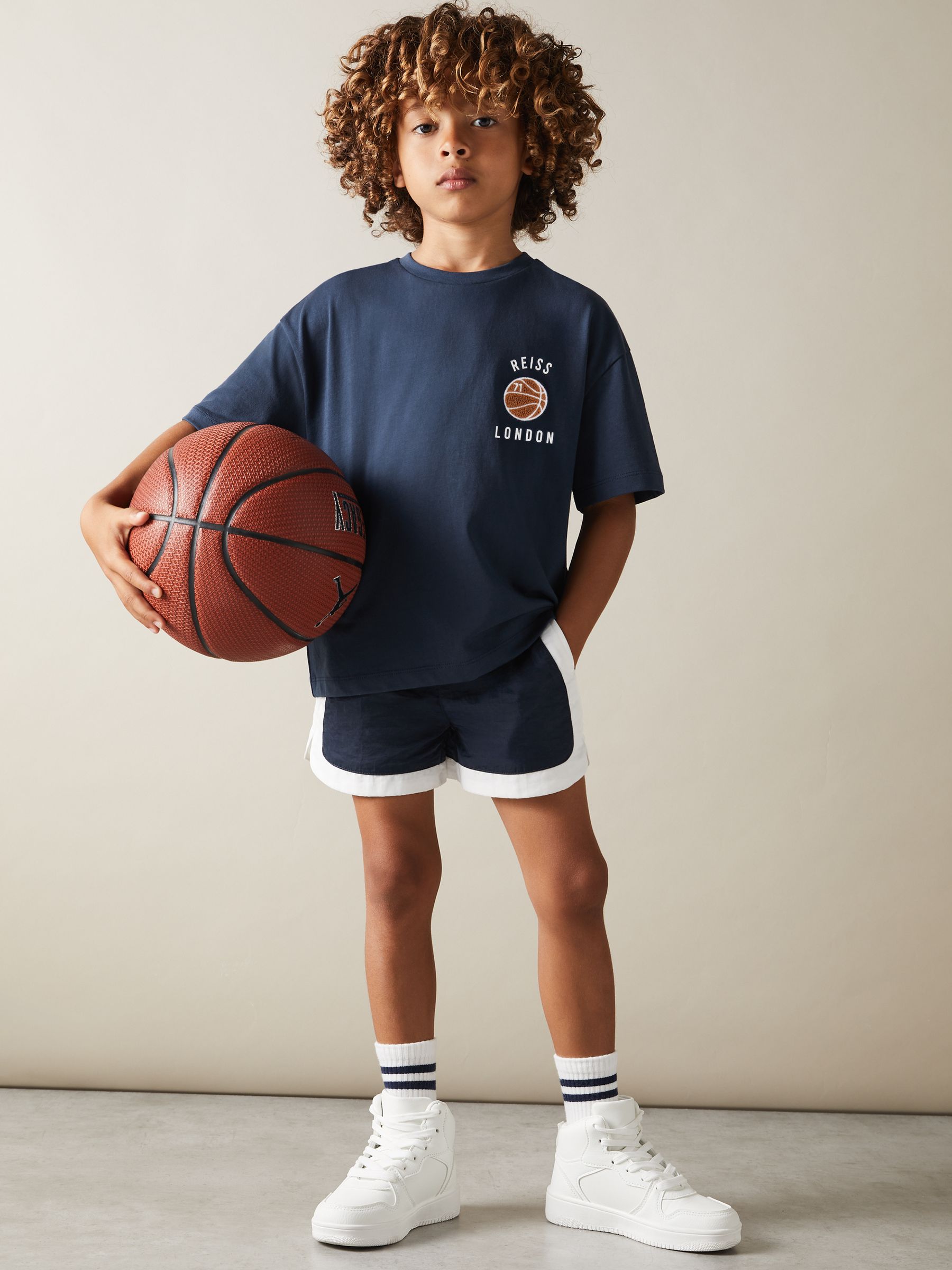 Senior Oversized Cotton Basketball Motif T-Shirt in Washed Navy - Image 2 of 4