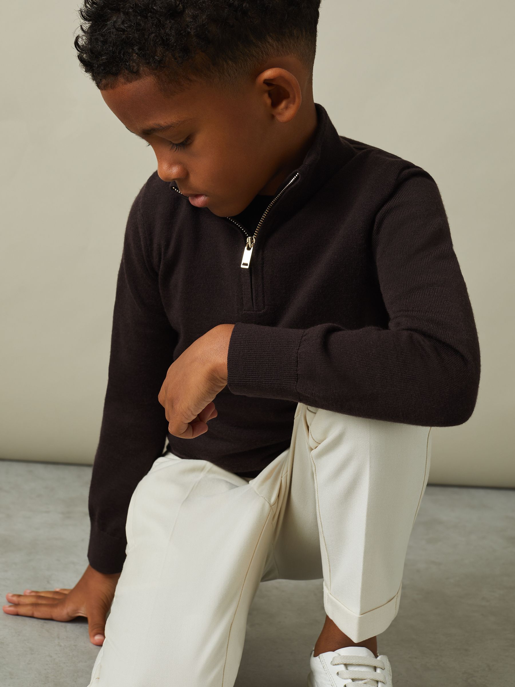 3-9 yrs Merino Wool Half-Zip Funnel Neck Jumper in Coco Brown - Image 1 of 5