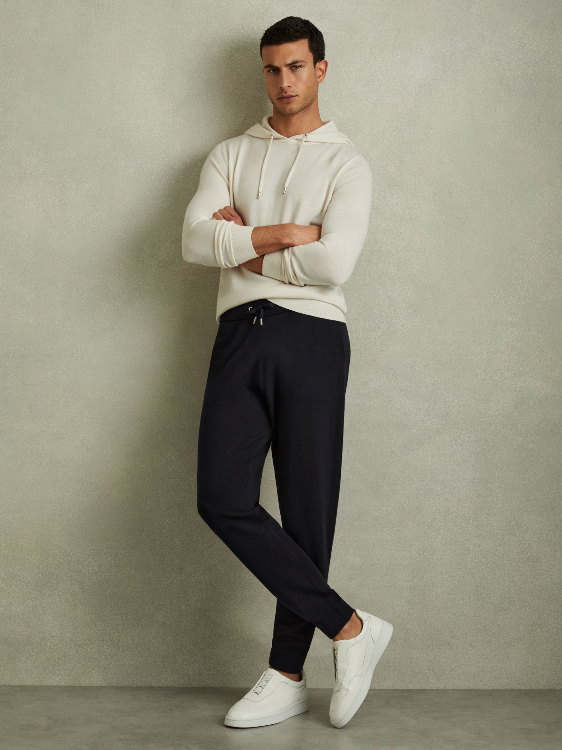 Merino Wool Blend Drawstring Joggers in Navy - Image 1 of 5
