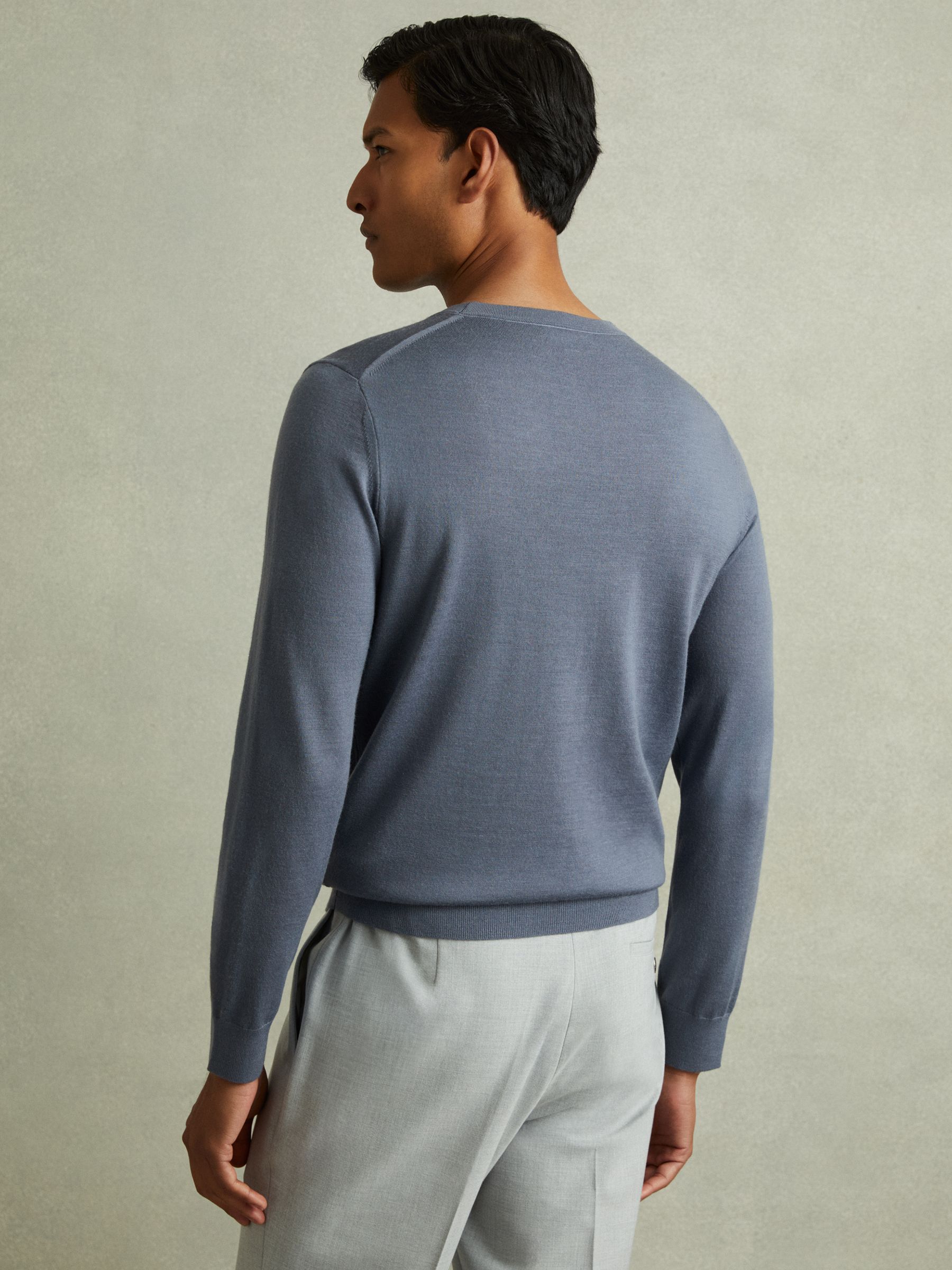 Merino Wool Crew Neck Jumper in Airforce Blue - Image 3 of 4