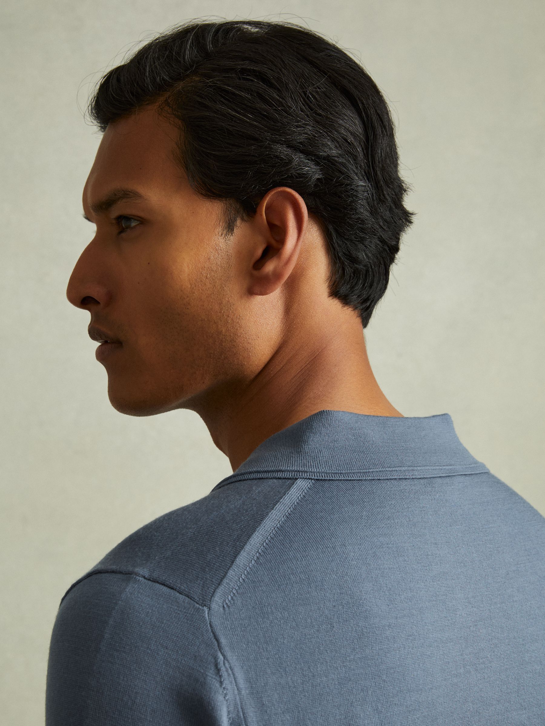 Merino Wool Half-Zip Polo Shirt in Airforce Blue - Image 3 of 5