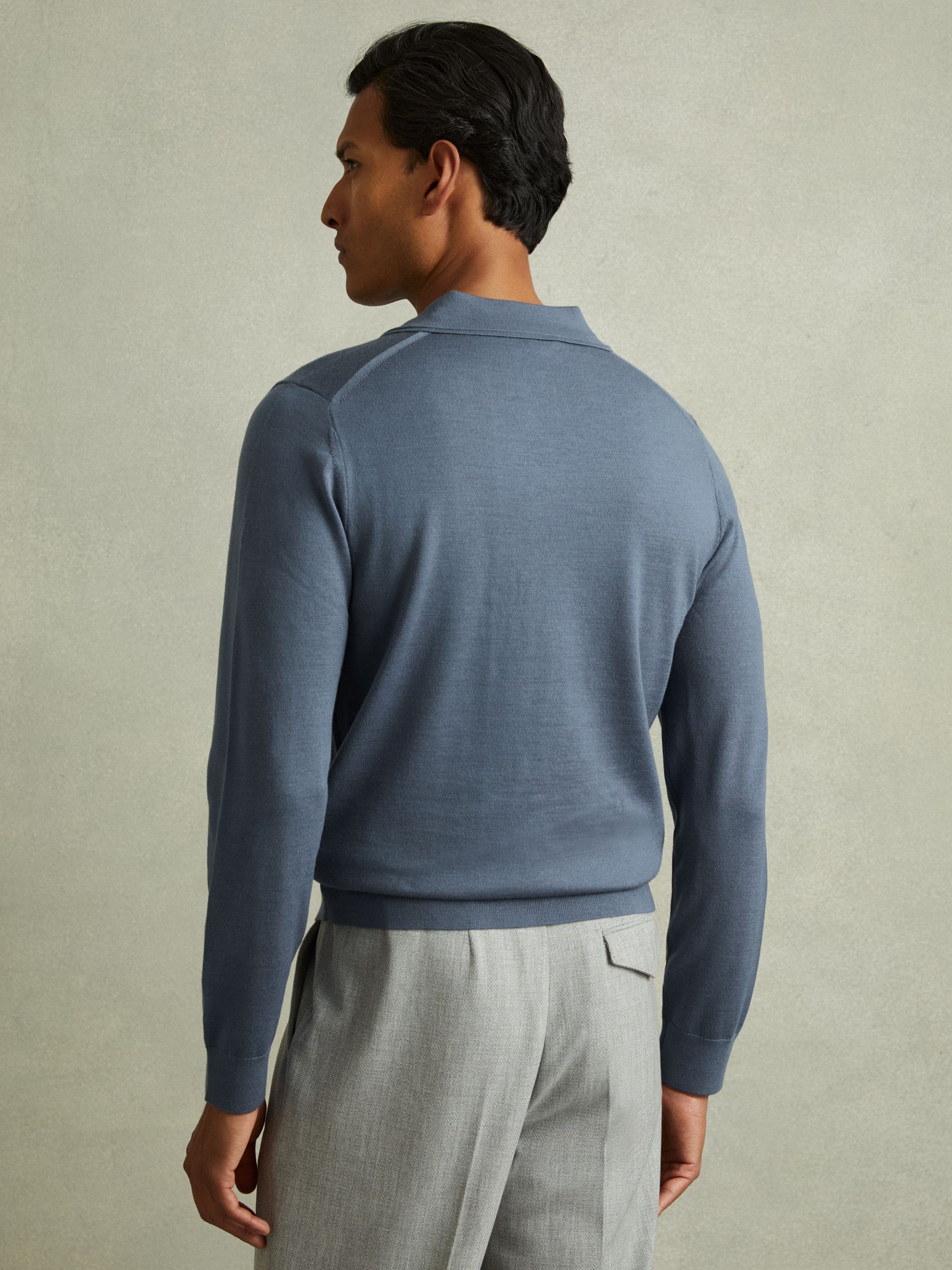 Merino Wool Half-Zip Polo Shirt in Airforce Blue - Image 4 of 5