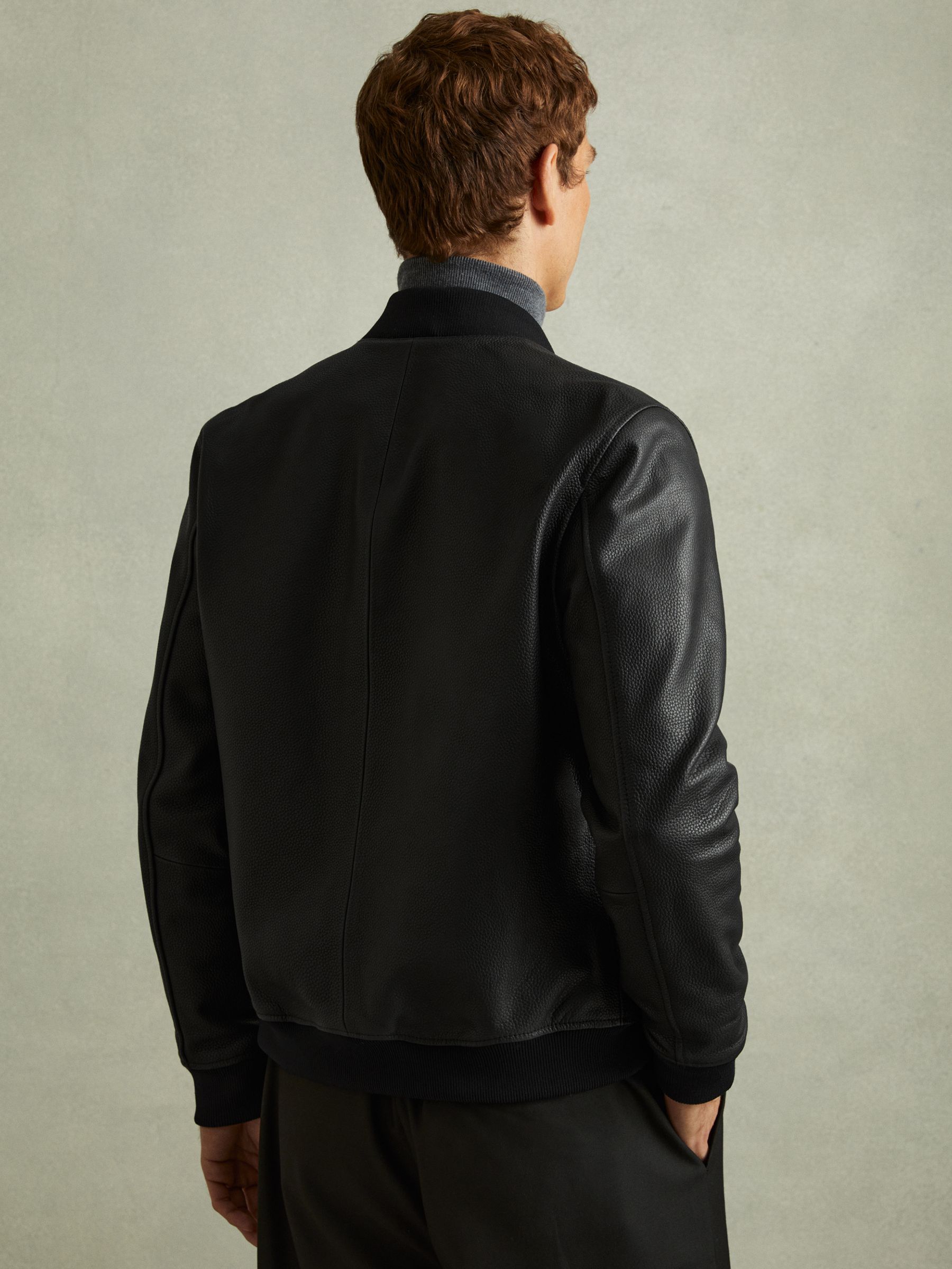 Reiss Cast Black Grained Leather Bomber Jacket | REISS