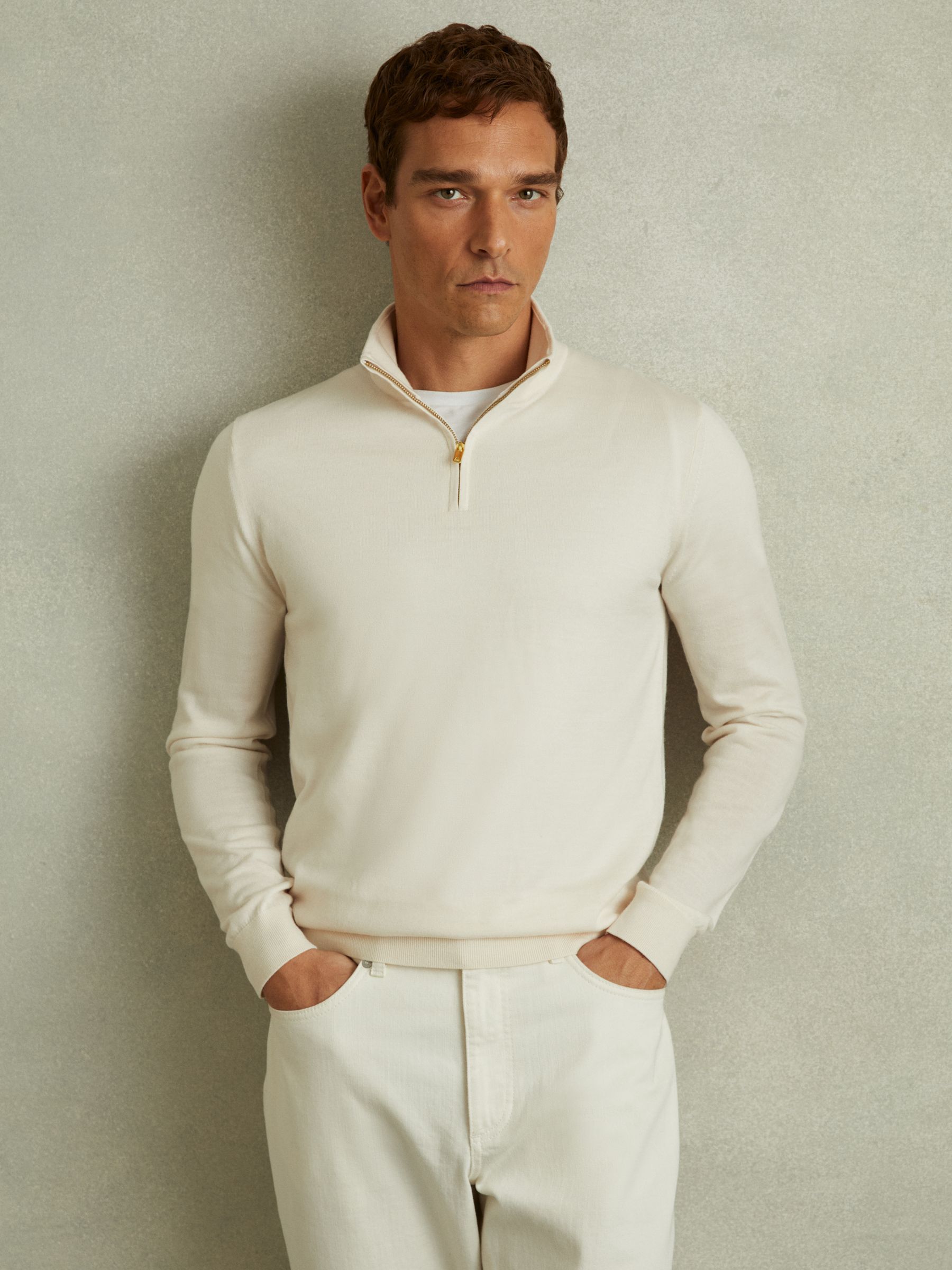 Merino Wool Half-Zip Polo Shirt in Snow - Image 1 of 5