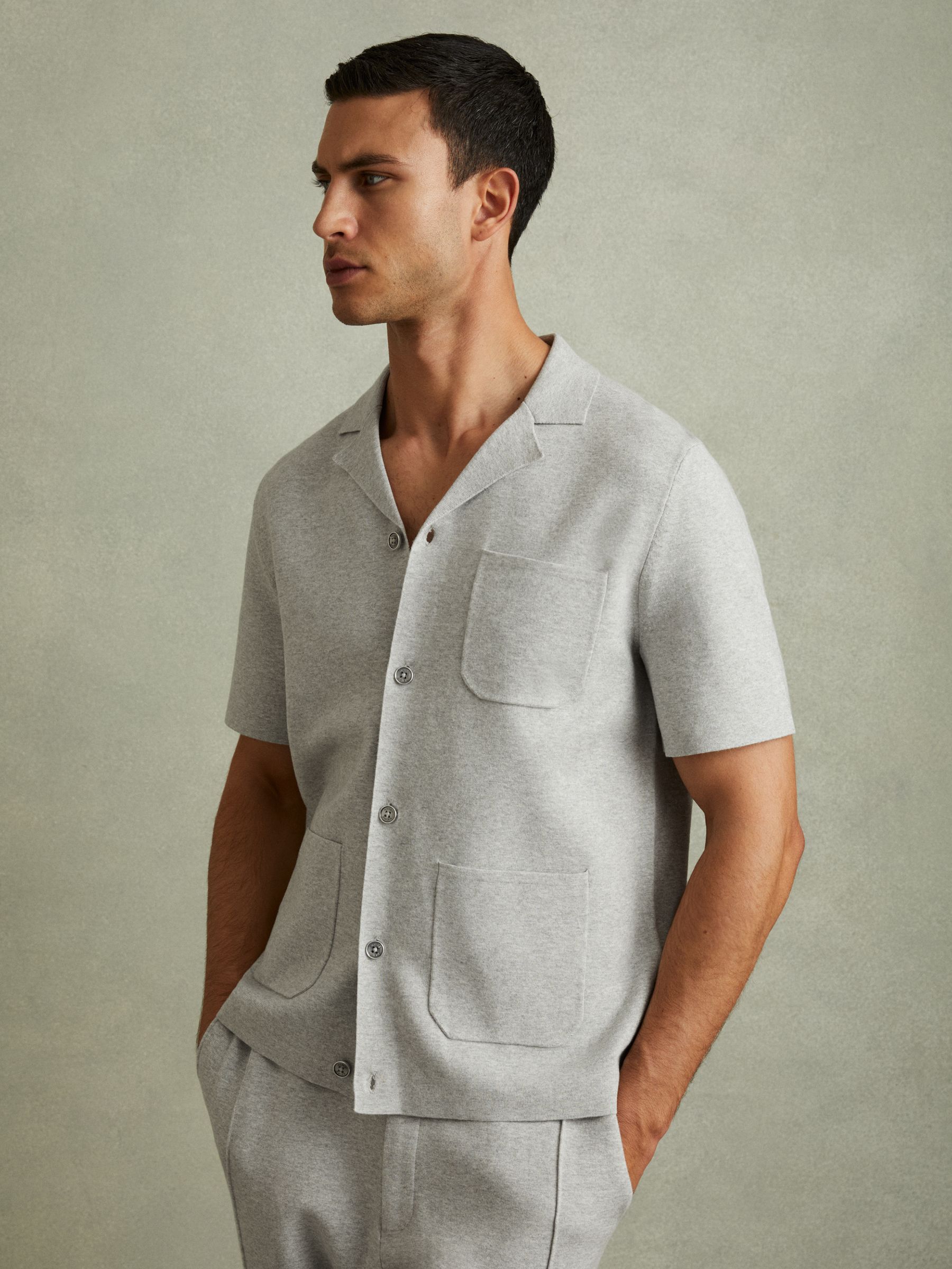 Monk Soft Grey Melange Knitted Cuban Collar Shirt - Image 1 of 5
