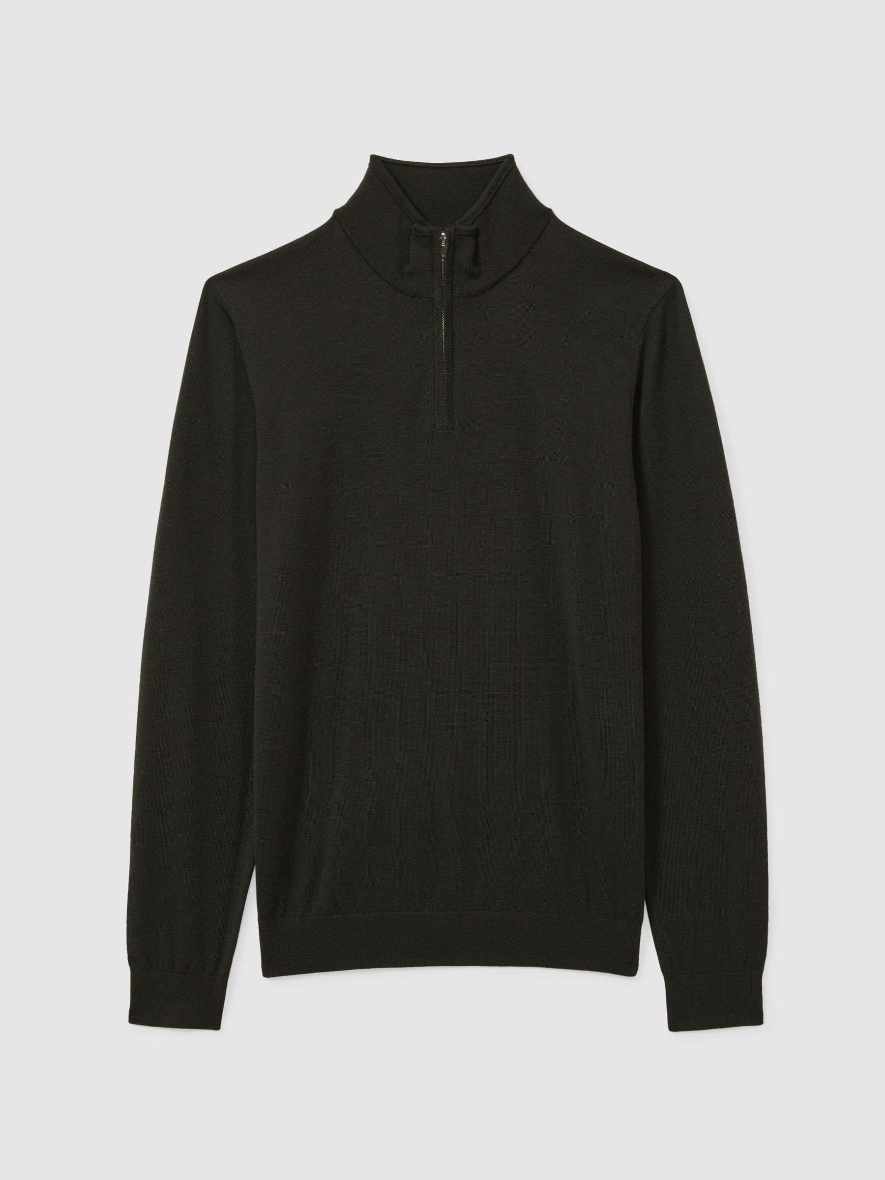 Merino Wool Half-Zip Funnel Neck Jumper in Dark Military Green - Image 2 of 5
