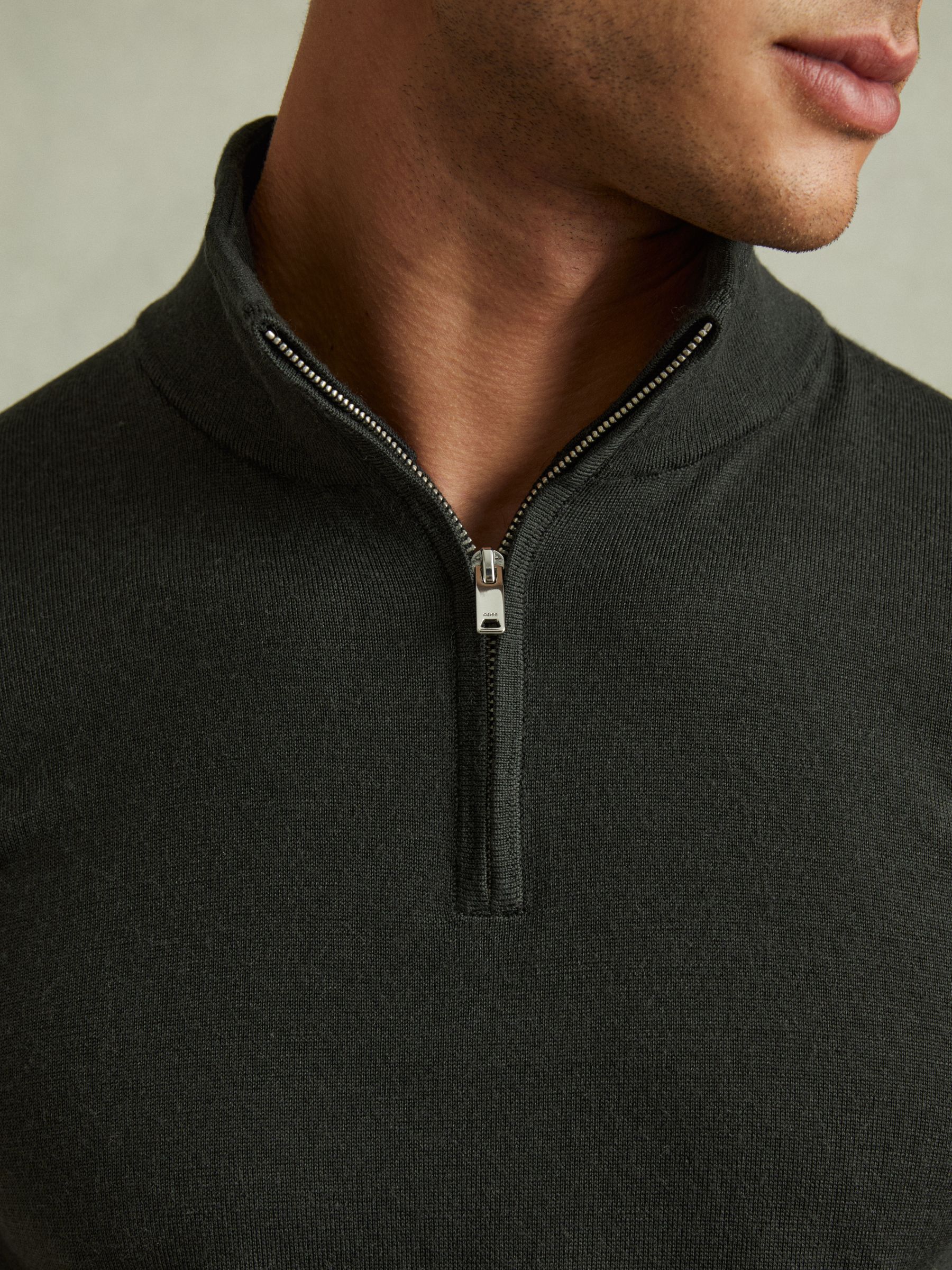 Merino Wool Half-Zip Funnel Neck Jumper in Dark Military Green - Image 3 of 5