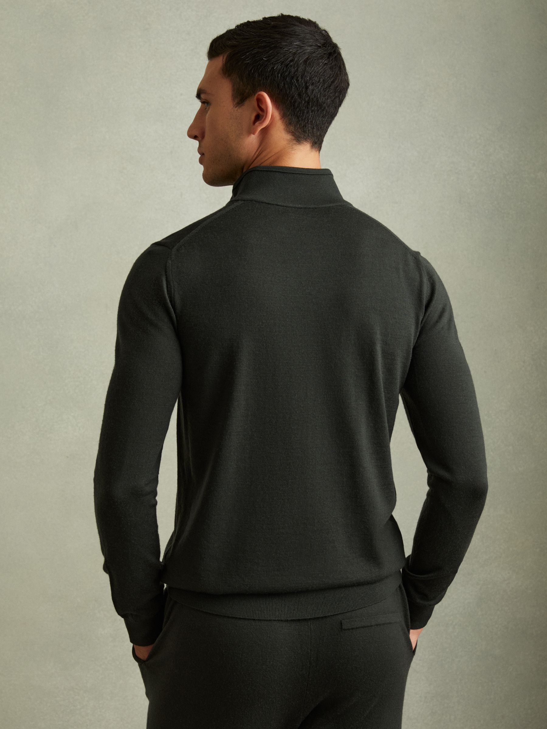 Merino Wool Half-Zip Funnel Neck Jumper in Dark Military Green - Image 4 of 5