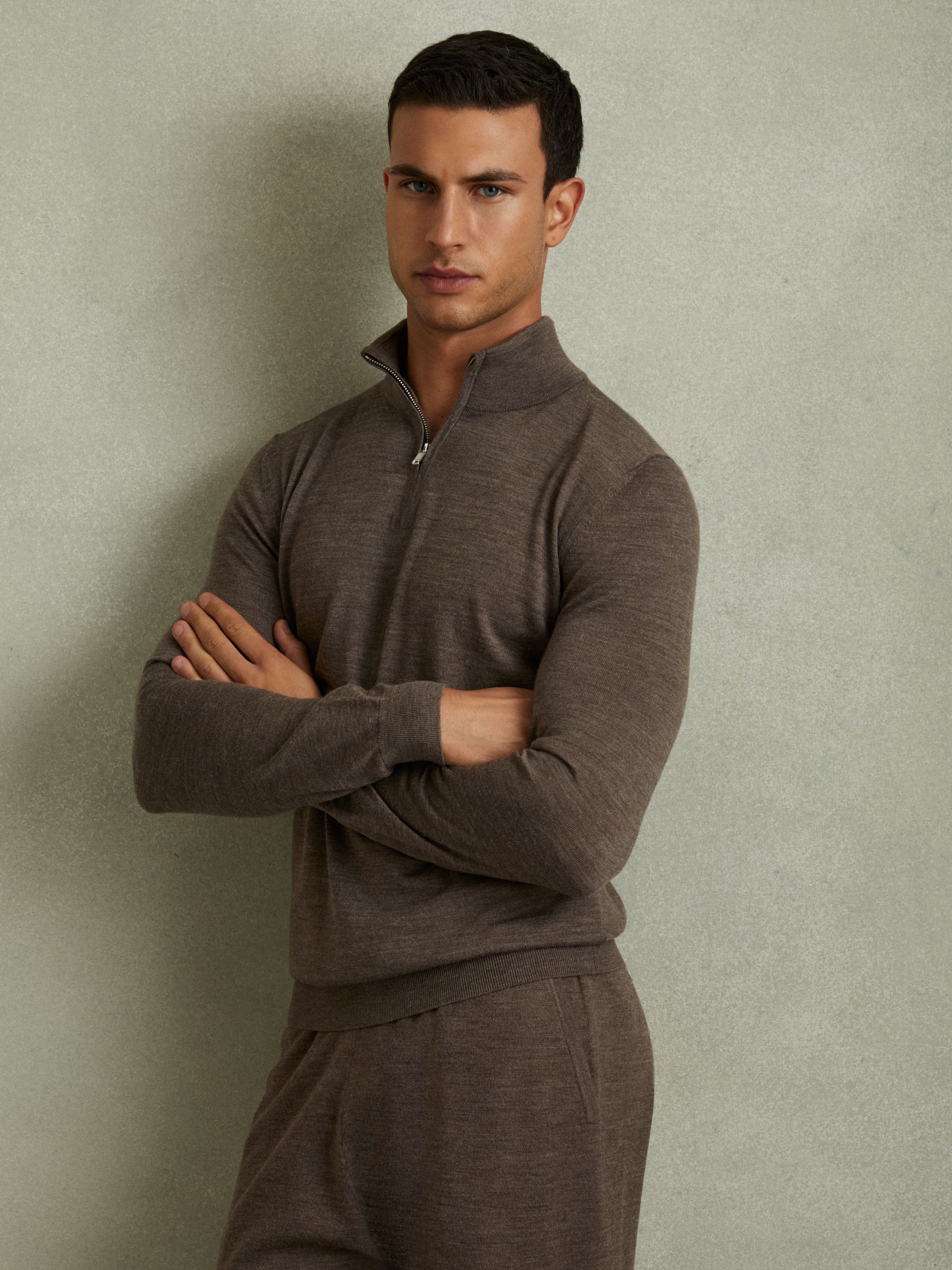 Merino Wool Half-Zip Polo Shirt in Dark Brown Melange - Image 1 of 6