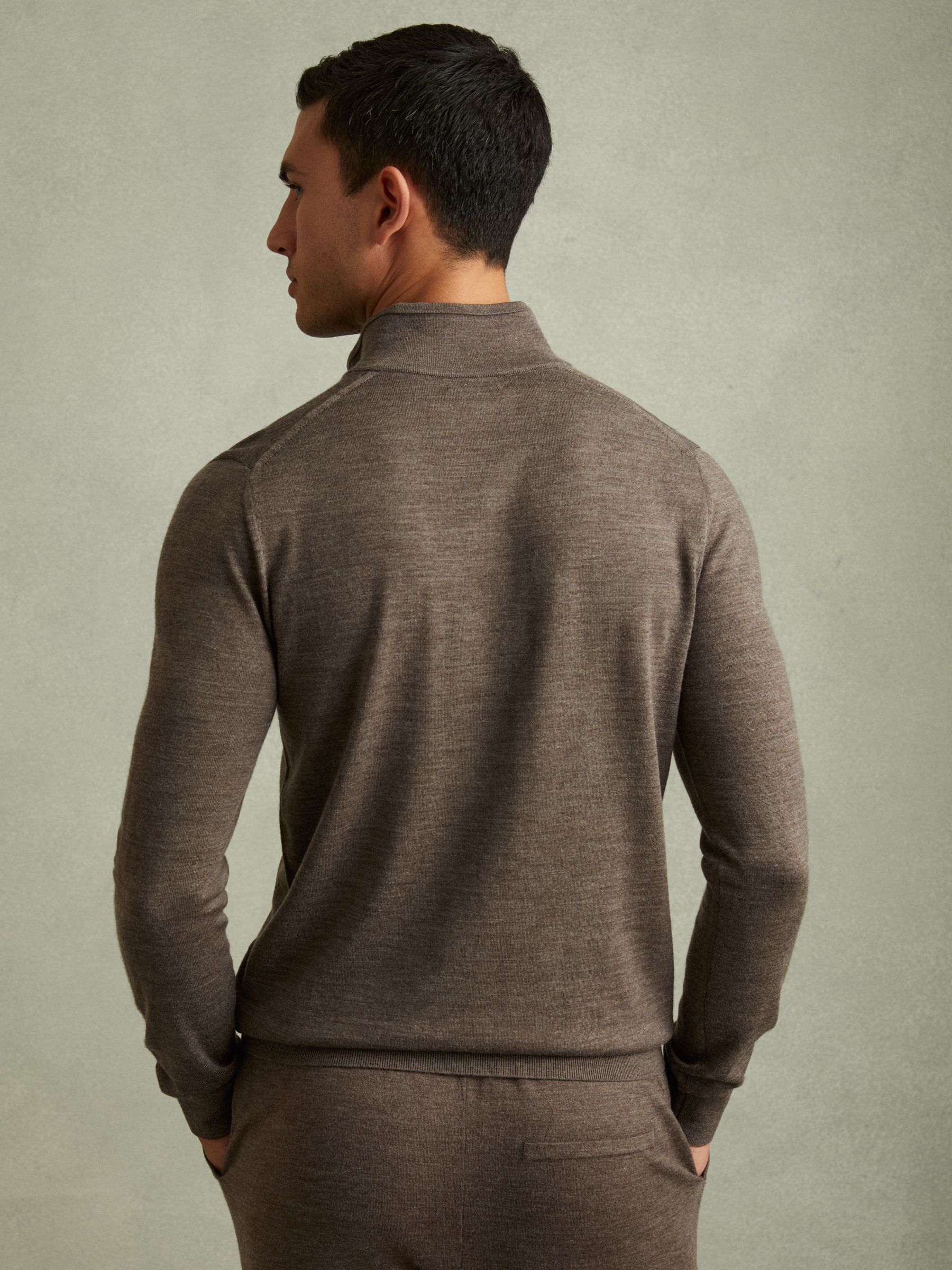 Merino Wool Half-Zip Polo Shirt in Dark Brown Melange - Image 4 of 6