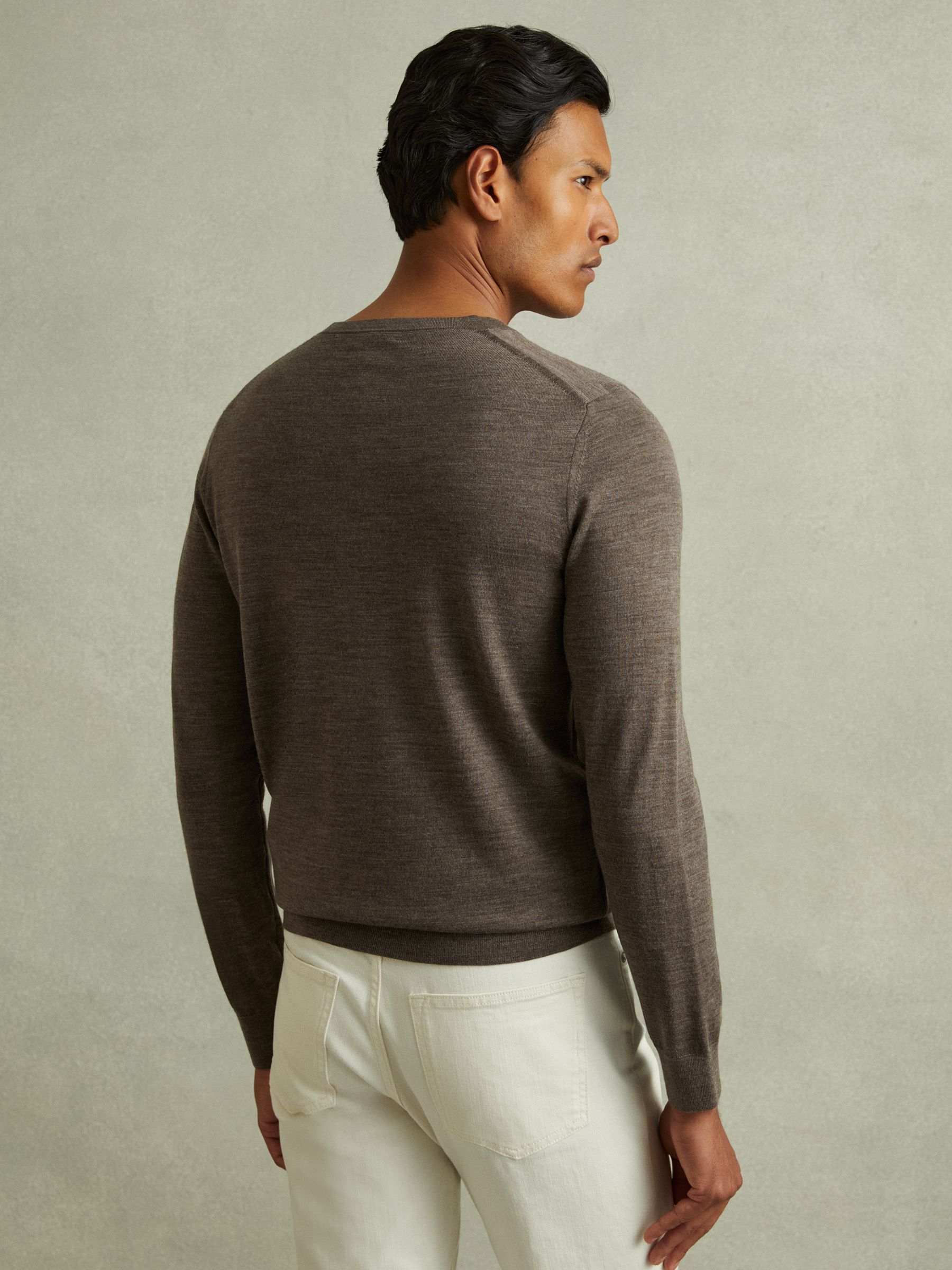 Merino Wool Crew Neck Jumper in Dark Brown Melange - Image 3 of 4