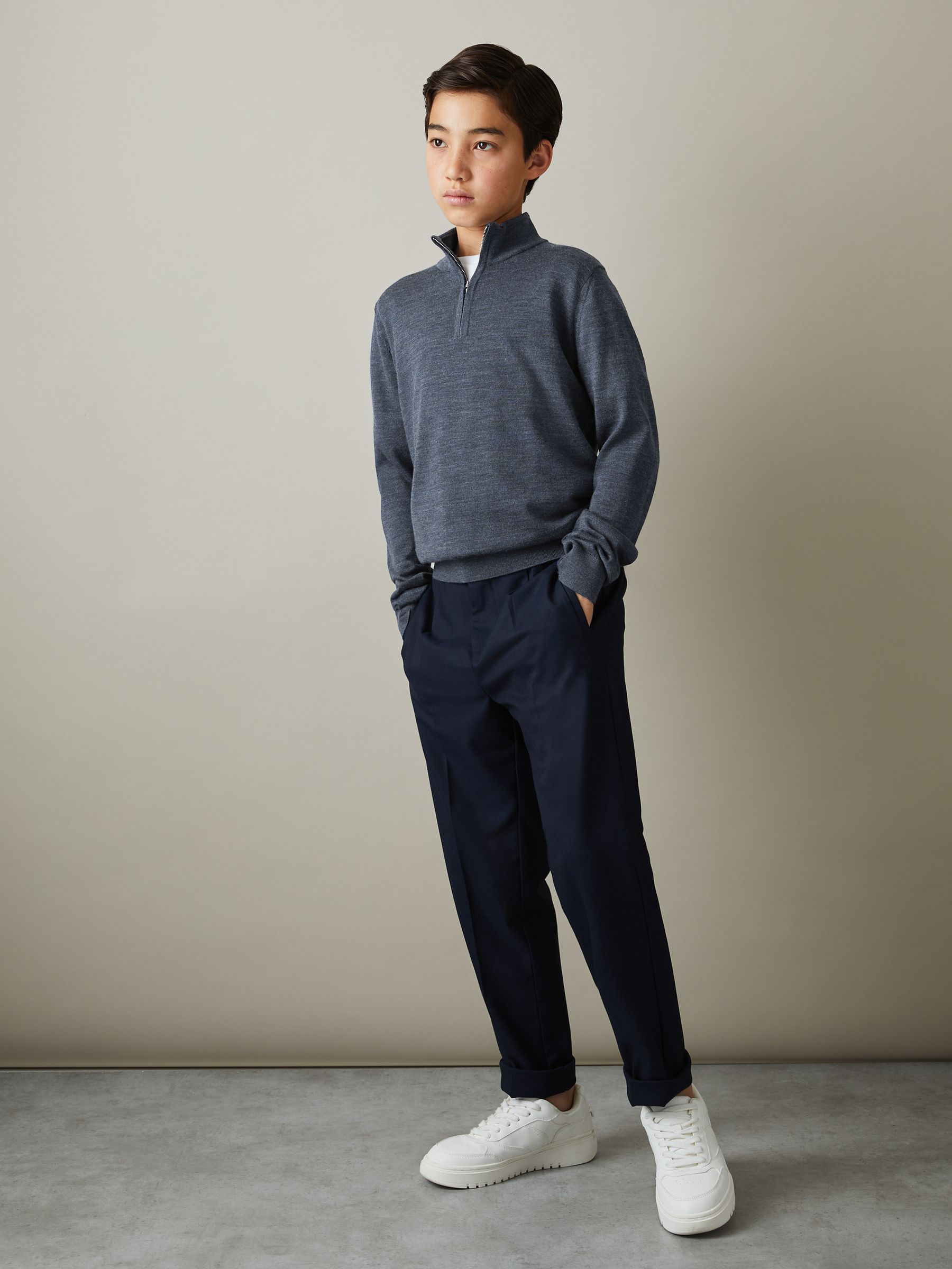 3-9 yrs Merino Wool Half-Zip Funnel Neck Jumper in Dark Airforce Blue Melange - Image 3 of 4