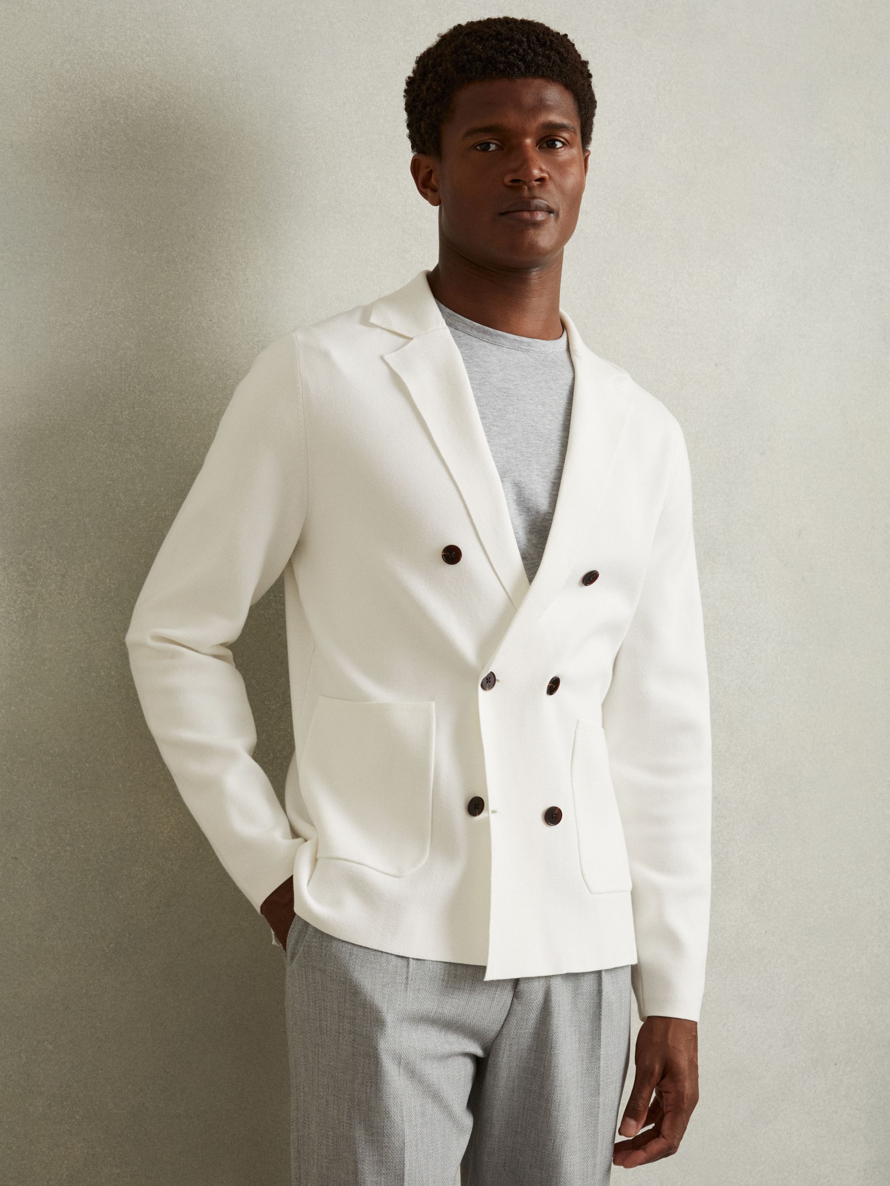Knitted Double Breasted Blazer in Ivory White - Image 1 of 5
