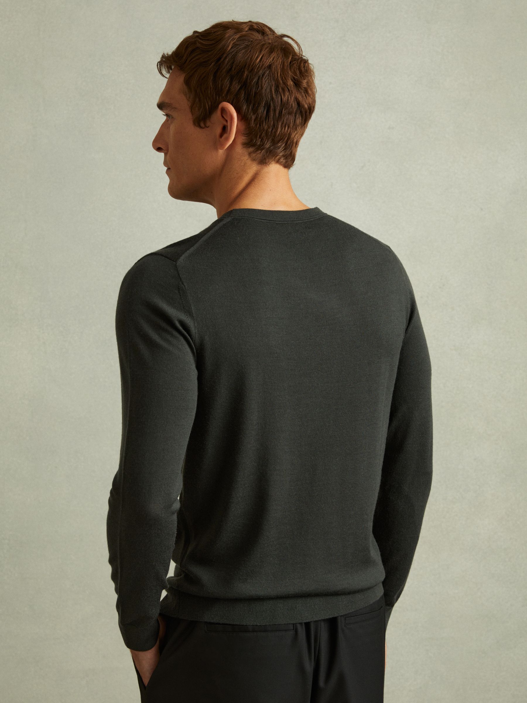 Merino Wool Crew Neck Jumper in Dark Military Green - Image 3 of 5