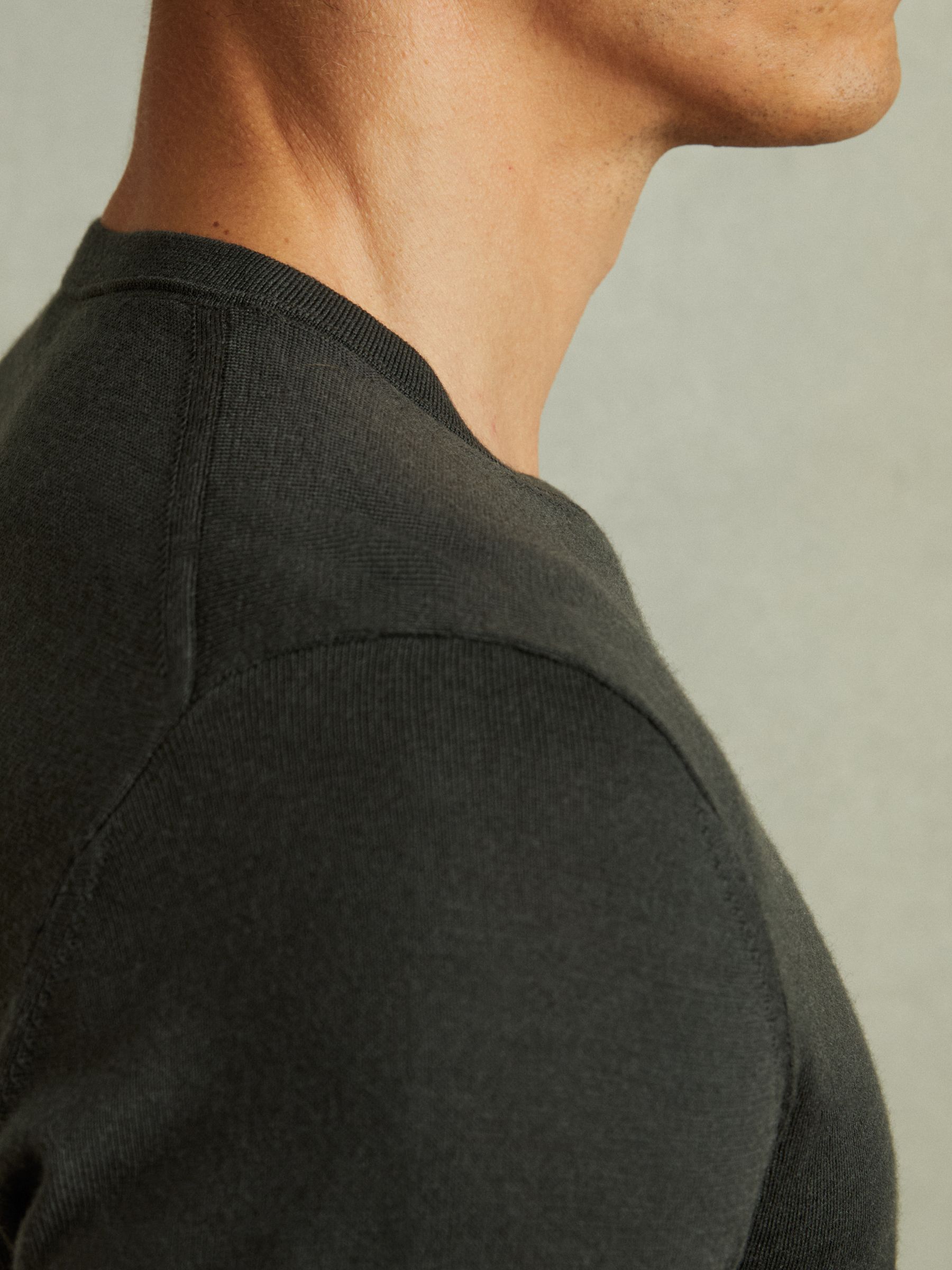 Merino Wool Crew Neck Jumper in Dark Military Green - Image 4 of 5