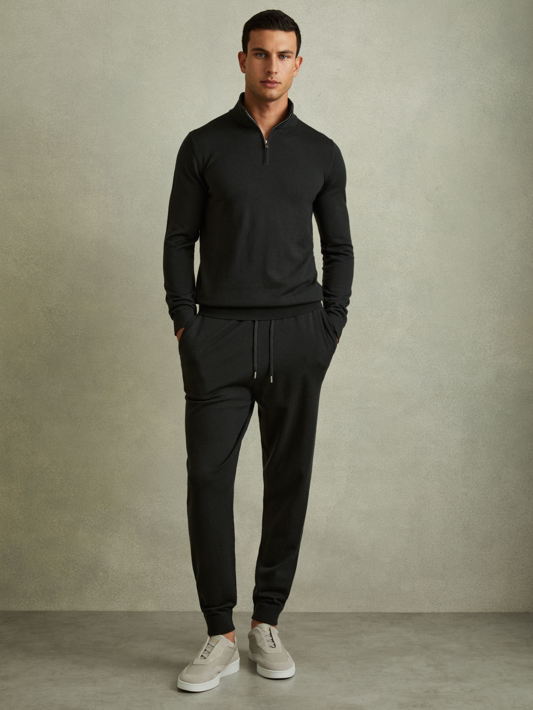 Merino Wool Blend Drawstring Joggers in Dark Military Green - Image 1 of 6