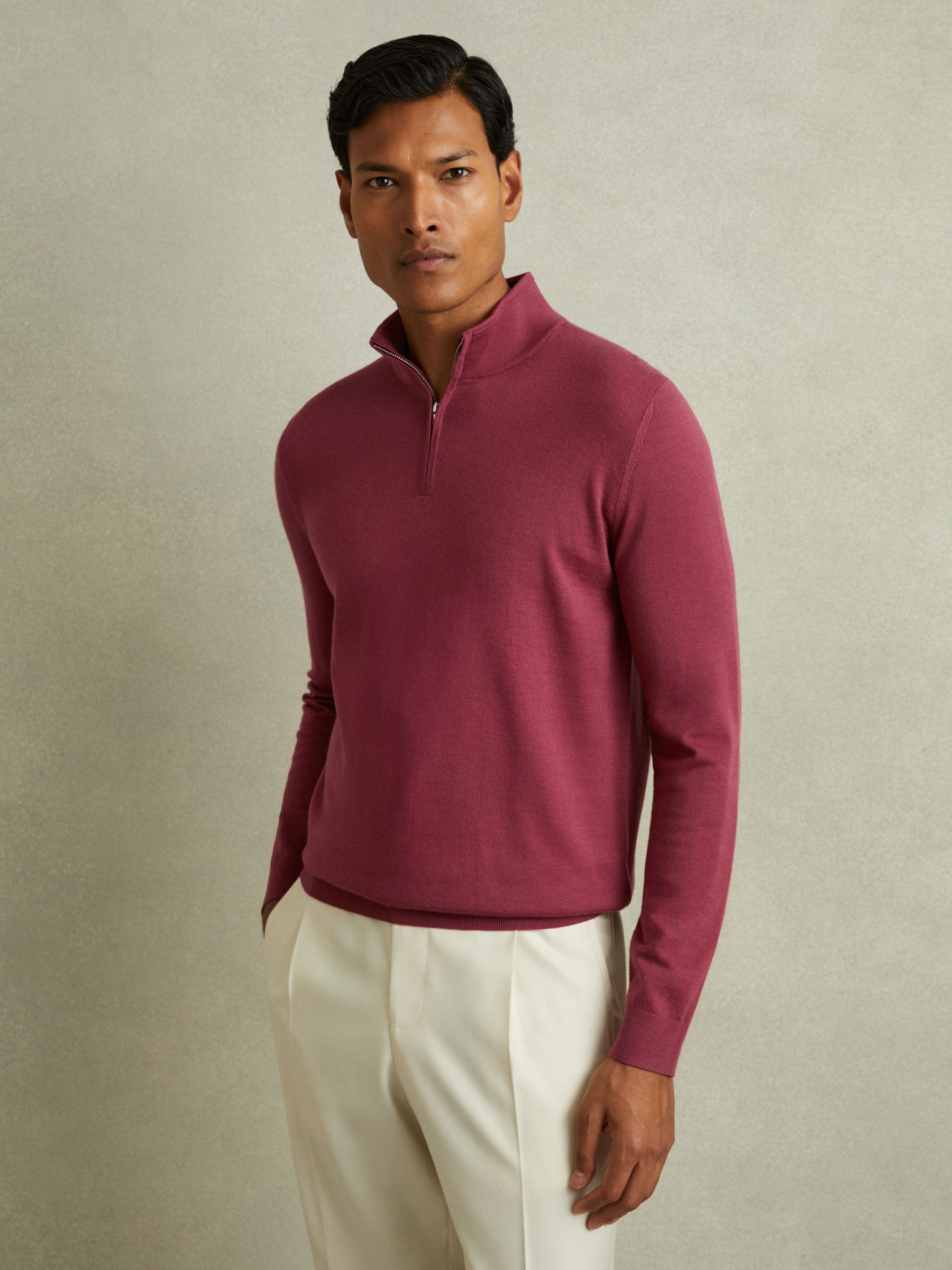 Merino Wool Half-Zip Polo Shirt in Cherry Pink - Image 1 of 5
