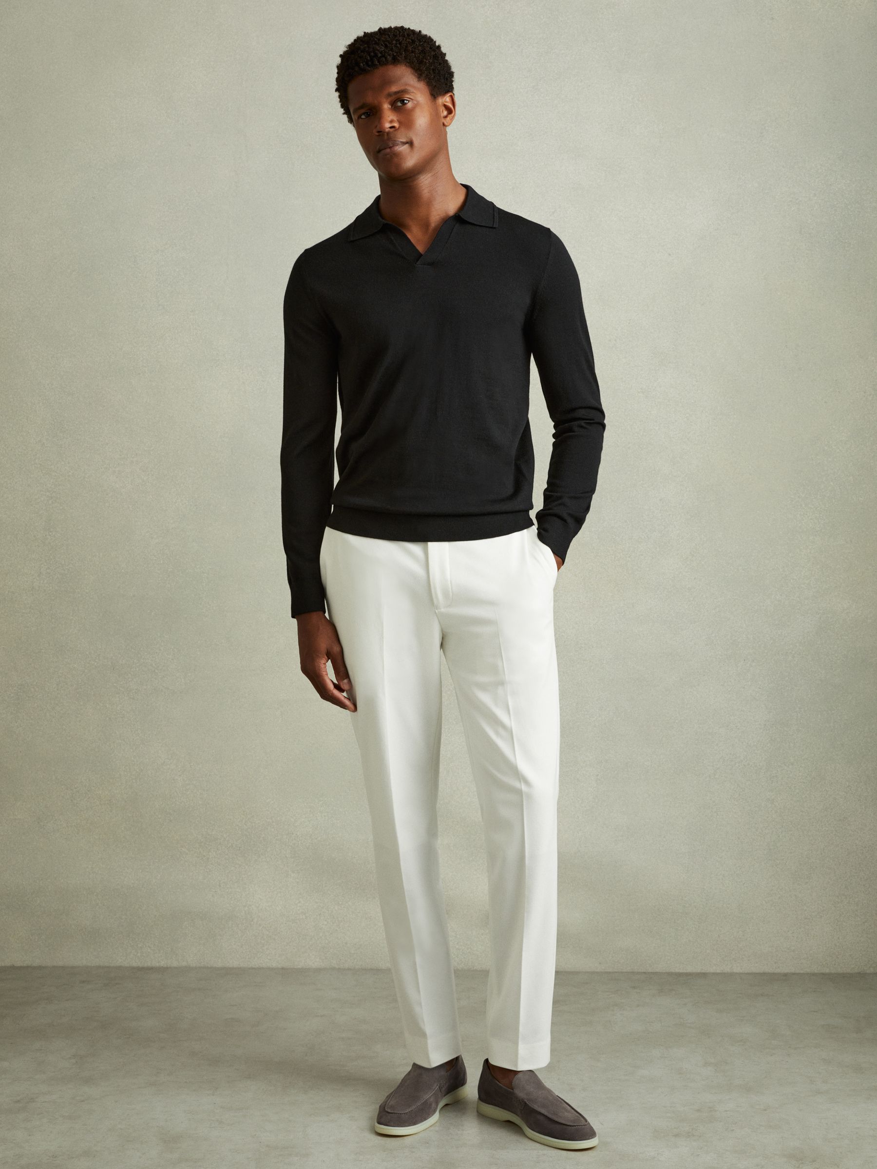 Merino Wool Half-Zip Polo Shirt in Black - Image 3 of 6
