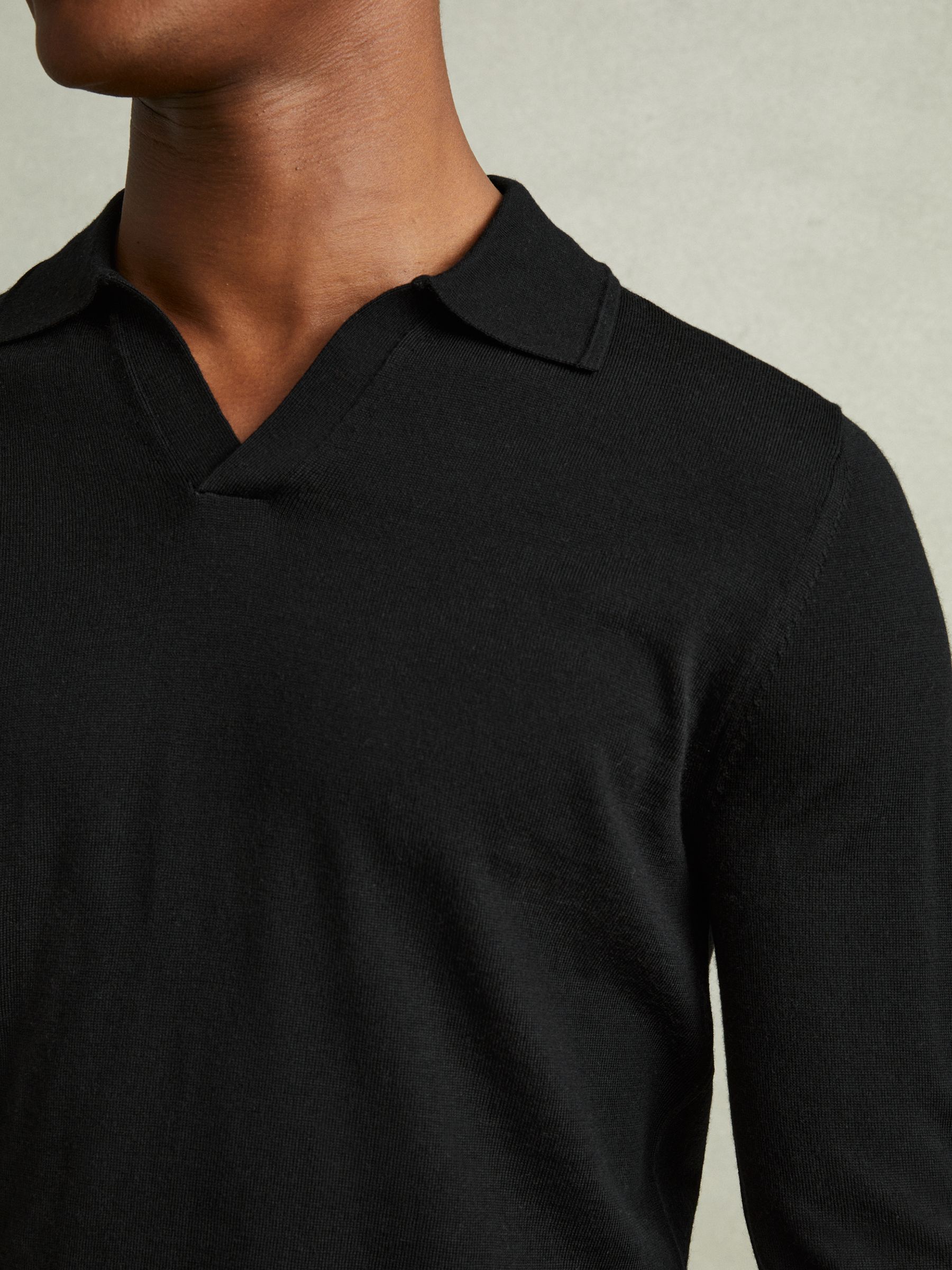 Merino Wool Half-Zip Polo Shirt in Black - Image 4 of 6