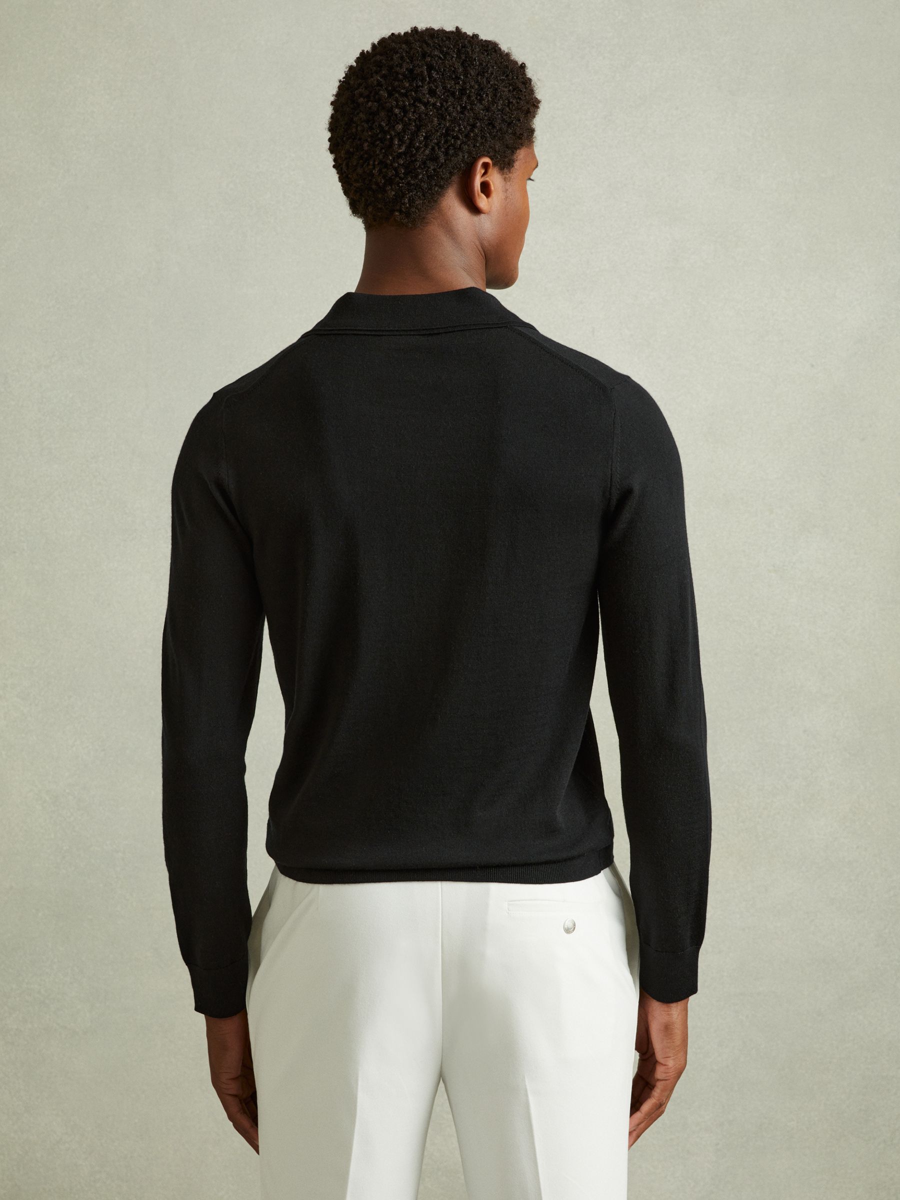 Merino Wool Half-Zip Polo Shirt in Black - Image 5 of 6