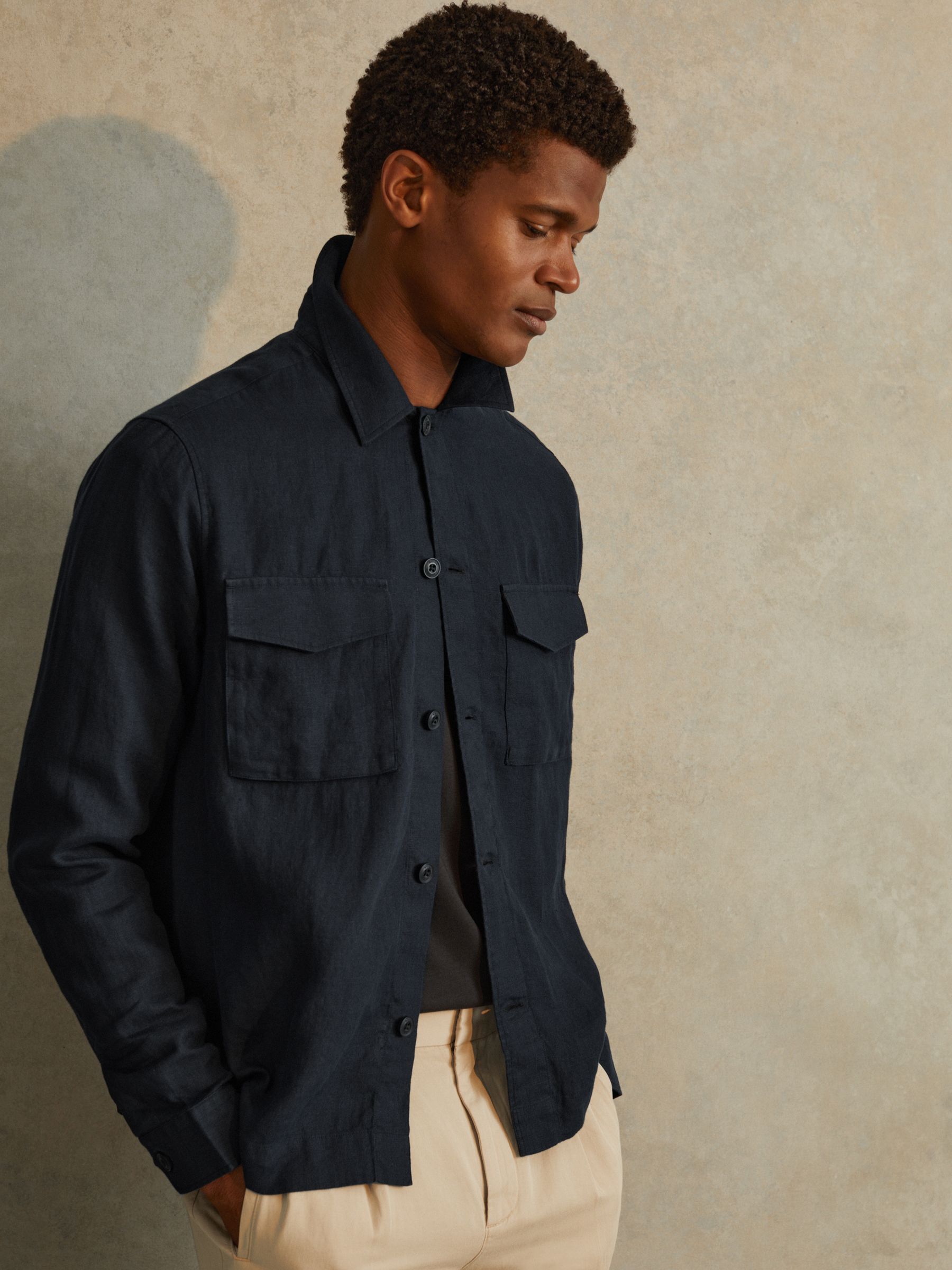 Linen Overshirt in Navy - Image 1 of 5