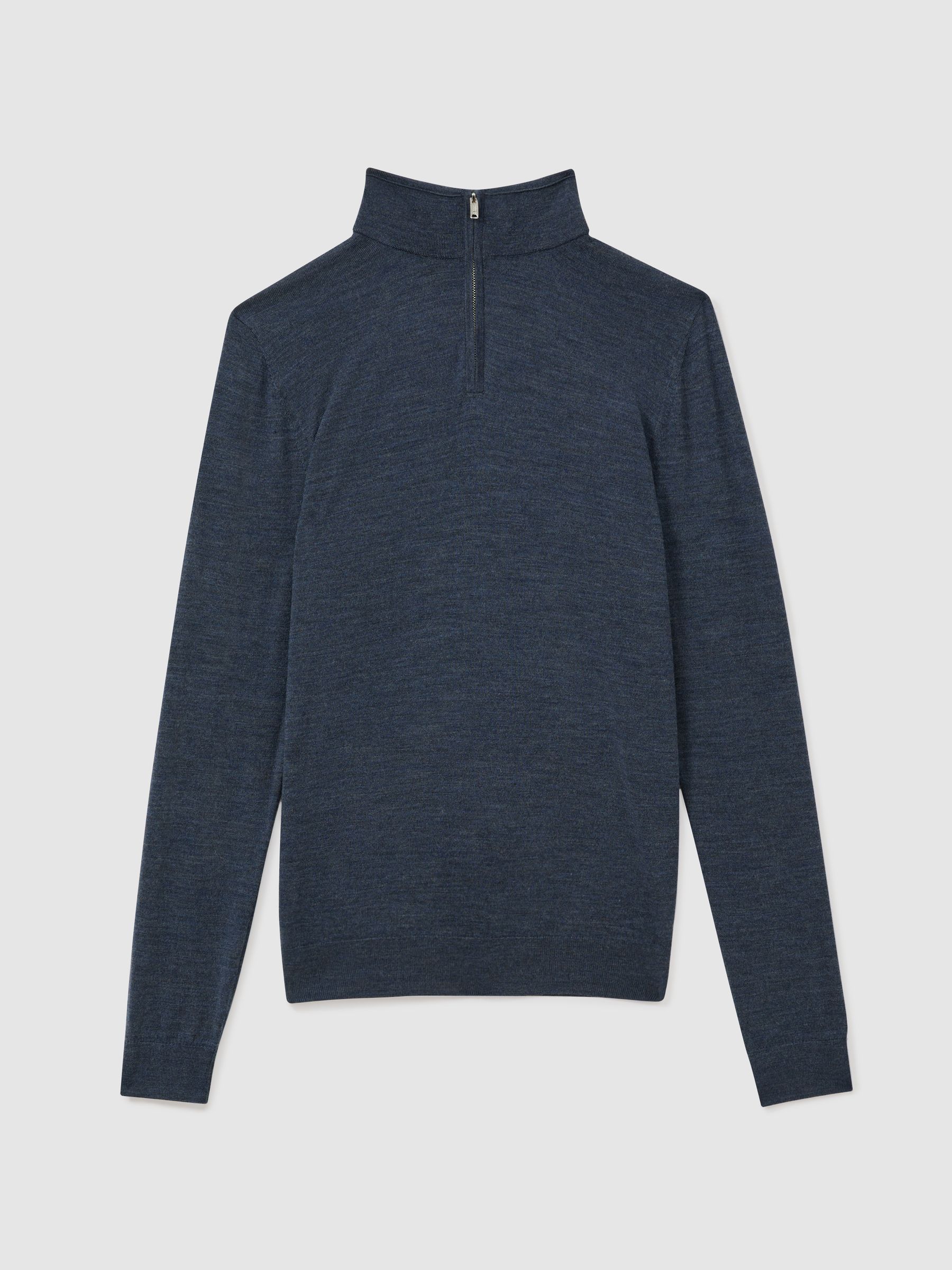 Merino Wool Half-Zip Funnel Neck Jumper in Dark Airforce Blue Melange - Image 2 of 5