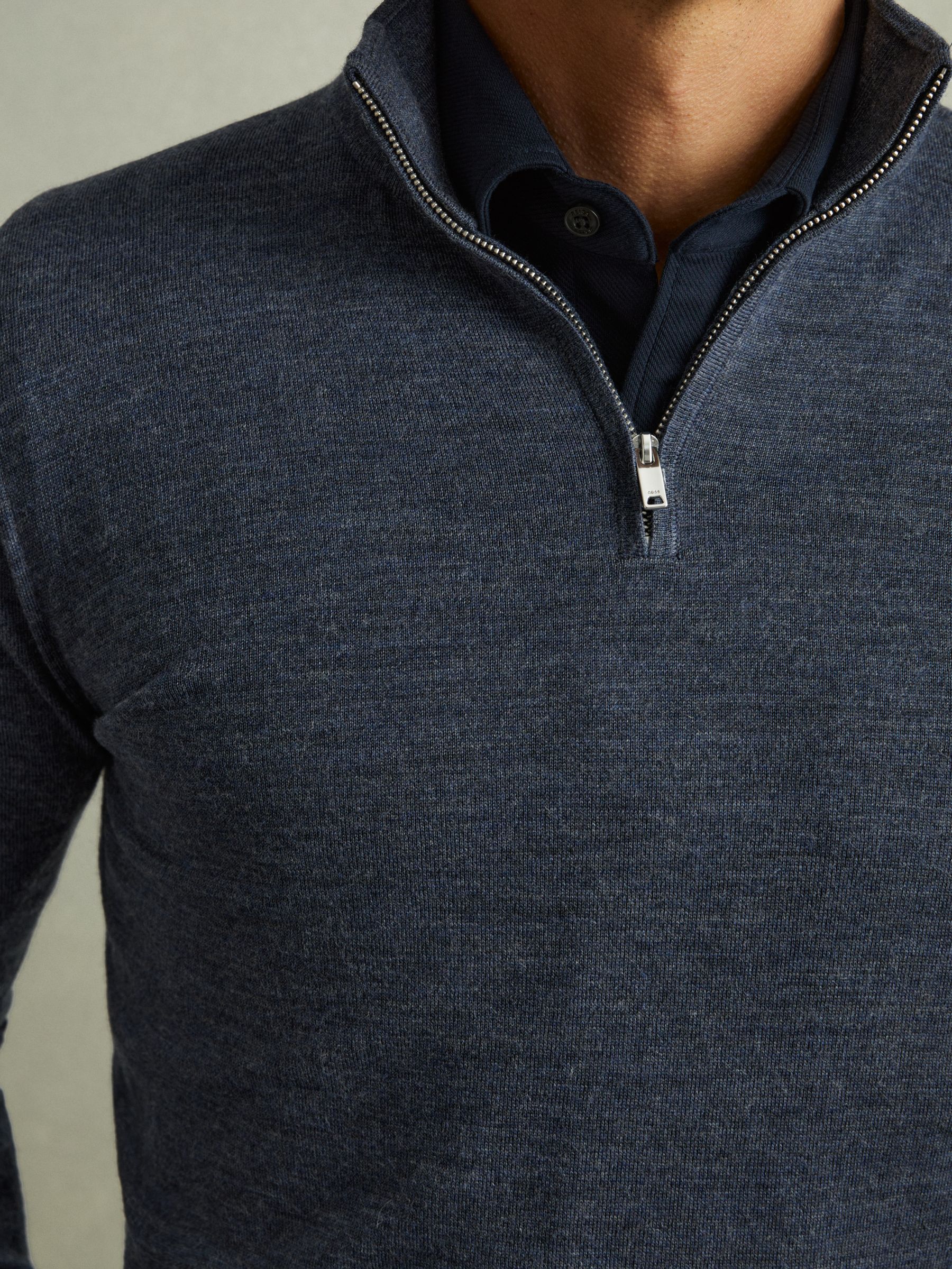 Merino Wool Half-Zip Funnel Neck Jumper in Dark Airforce Blue Melange - Image 3 of 5