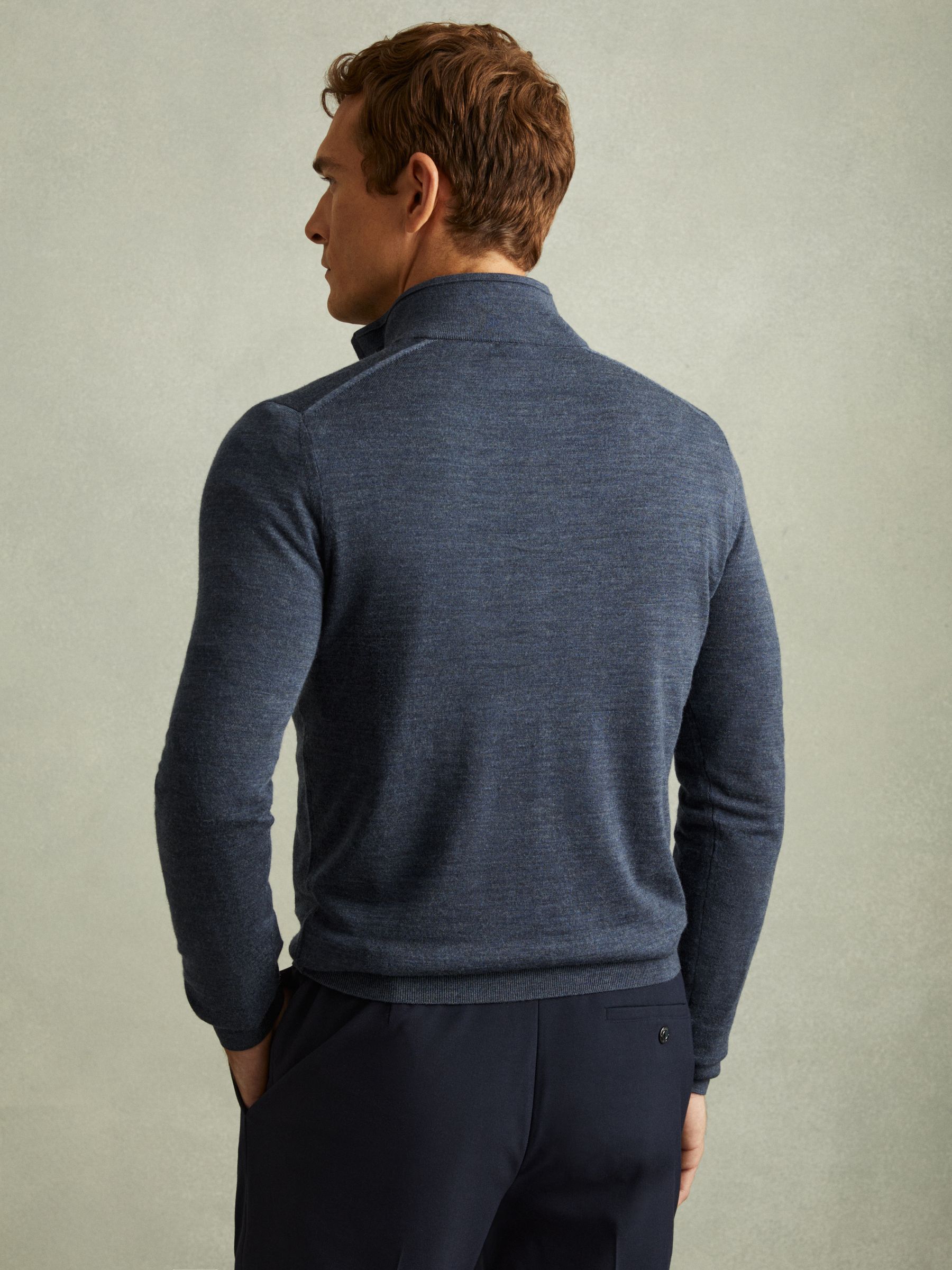 Merino Wool Half-Zip Funnel Neck Jumper in Dark Airforce Blue Melange - Image 4 of 5
