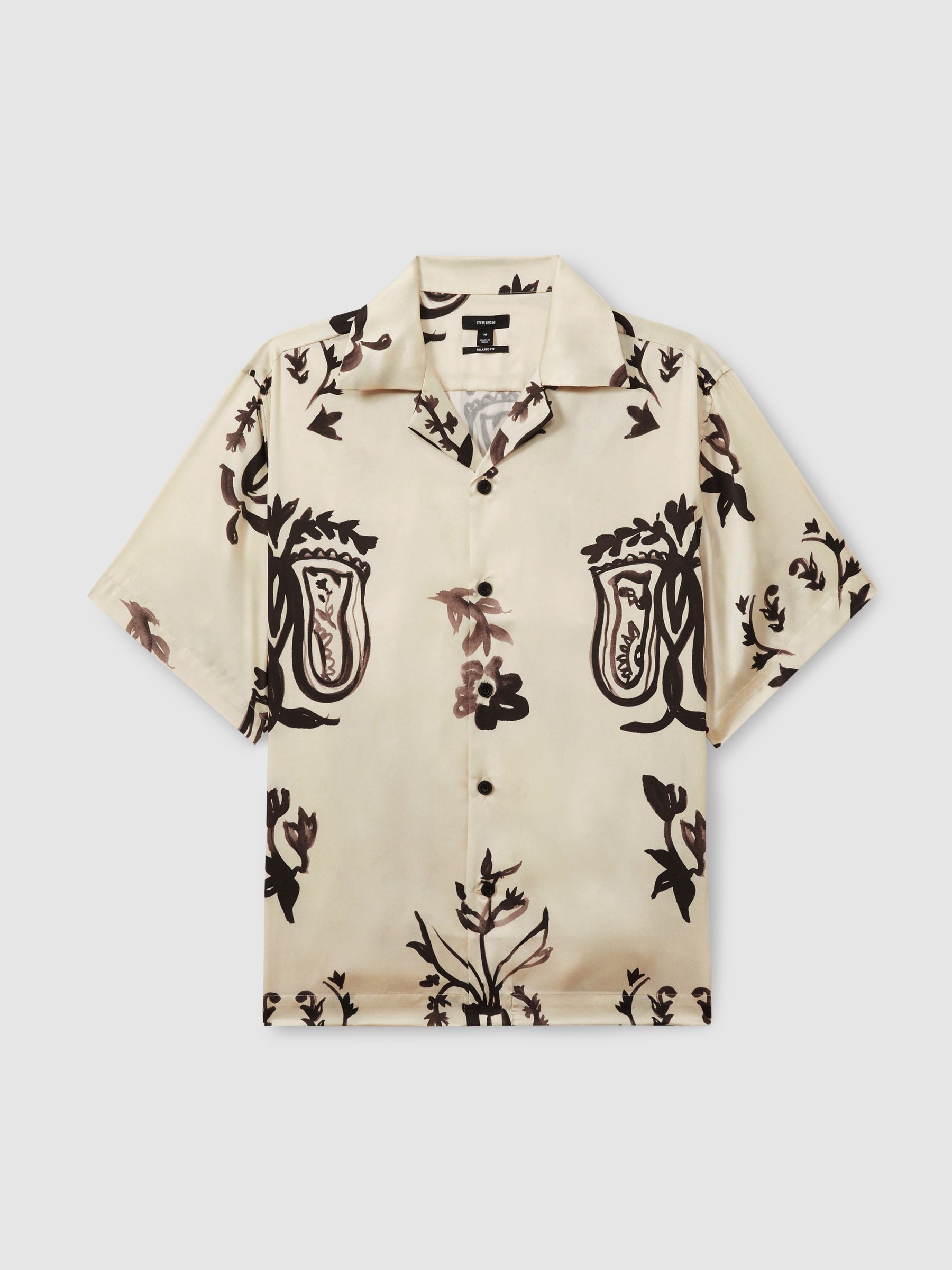 Relaxed Floral Print Cuban Collar Shirt in Off White/Black - Image 2 of 5