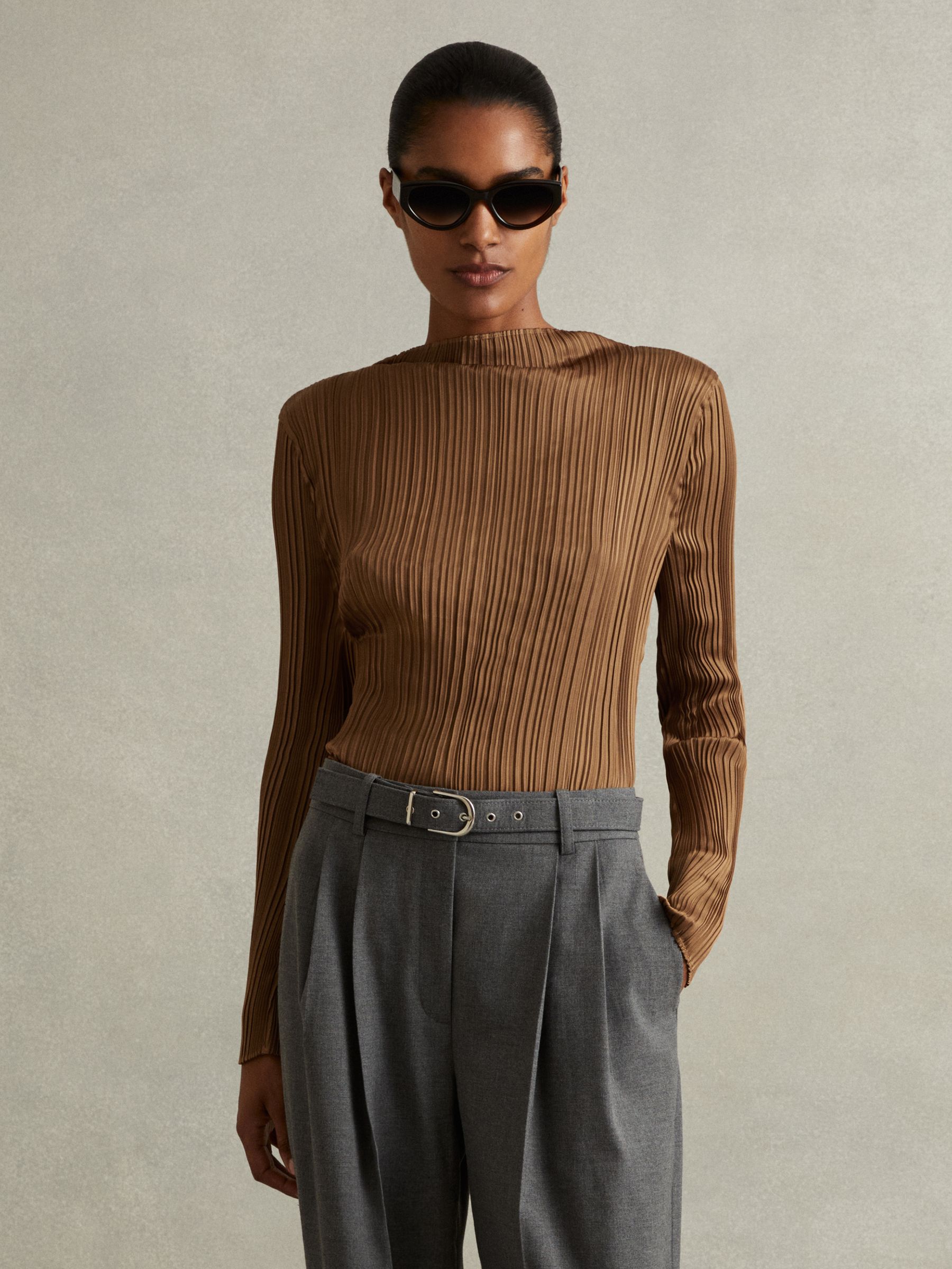 High Neck Plisse Top in Gold - Image 1 of 5