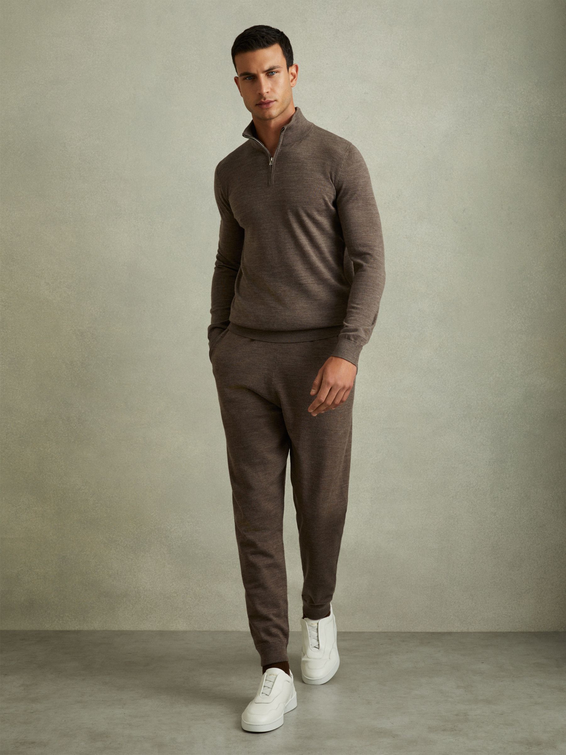 Merino Wool Blend Drawstring Joggers in Dark Brown Melange - Image 3 of 6