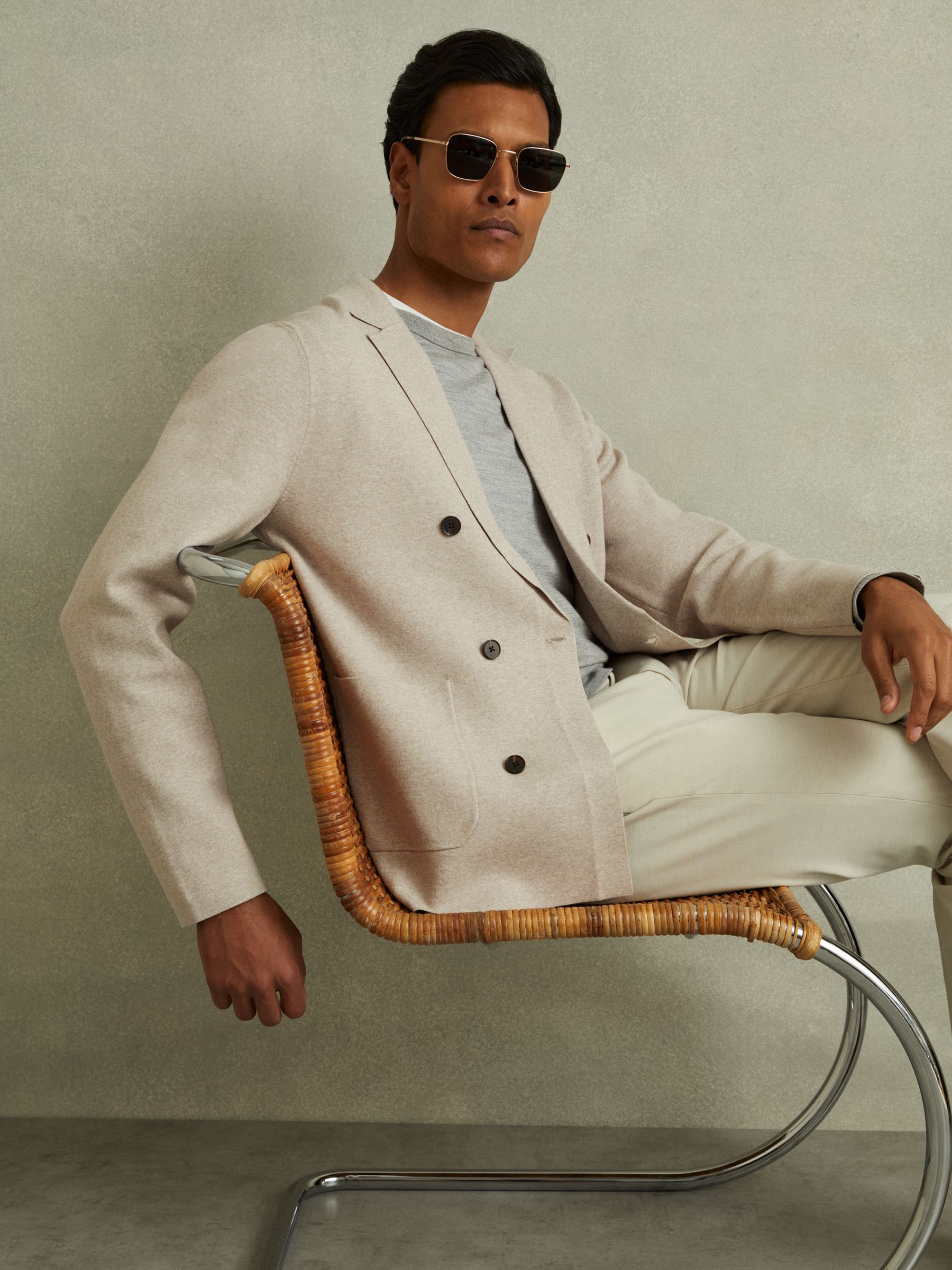 Knitted Double Breasted Blazer in Oatmeal Melange - Image 5 of 6